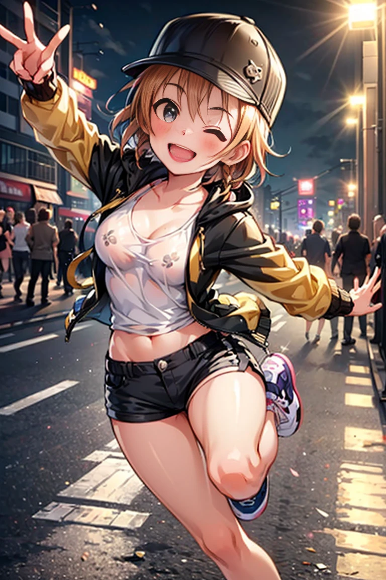 1 very cute and beautiful girls, (detailed face, cute eyes:1.5), BREAK ((orange hair)), (short hair:1.5), (medium breast:1.2), cleavage, (blush, smiling:1.5), (open mouth:1.5), slim waist, BREAK (a girl with long braid, wearing jacket with yellow and pink and black panels, white tank top, black shorts, white sneakers, black baseball cap:1.5) BREAK (dancing, wacking, stand on one leg, lean forward:1.5), (in night street:1.5), swinging arms, dynamic posing with flair, attracting the attention of the crowd, BREAK (open clothes, areola, no wear, bare breasts, bare, unclad, spread legs:1.8), ((brown pubic hair:1.3),(full body, from behind:1.5), one eye closed,out tongue,BREAK (masterpiece,best quality,High quality,ultra detailed,extremely detailed,ultra high res,best aesthetic,12k),