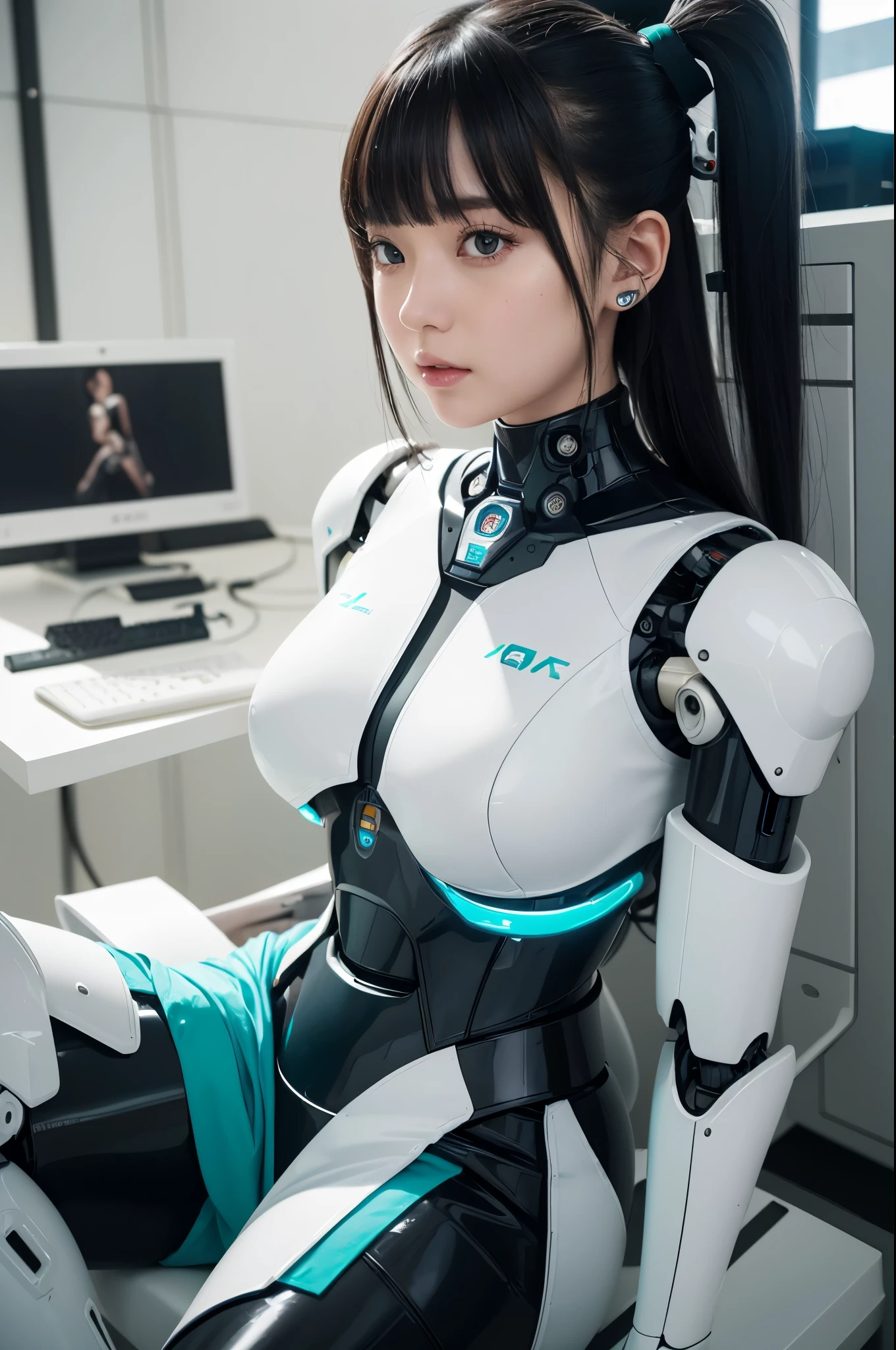 translucent mechanical girl、Mechanical joints、best quality、Robot Parts、（nipple）、spread legs pose、Plug-ins、charge with cable、erotic private parts、machine body、Maintenance room、Under maintenance