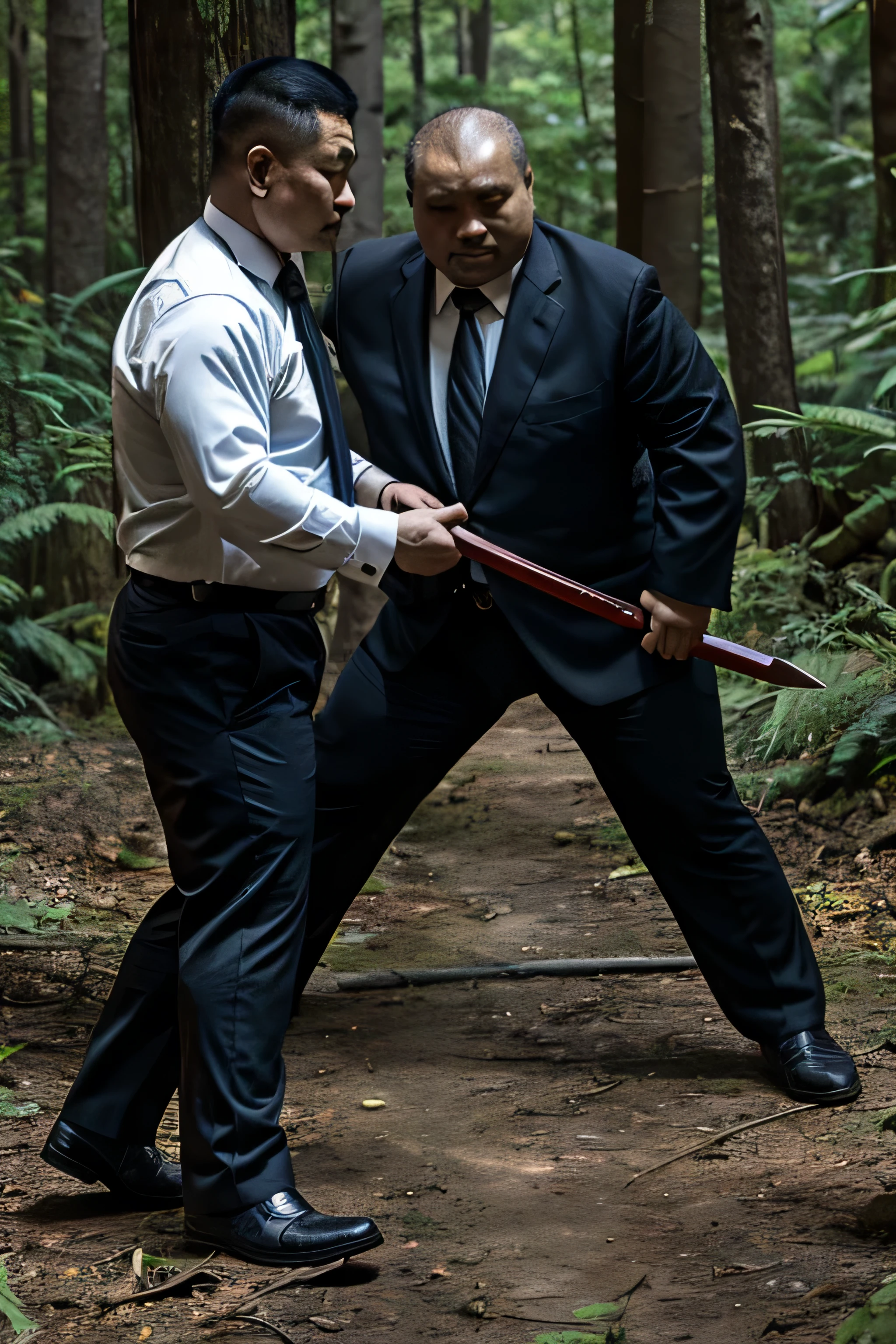 Two people wearing black ties, Fat Chinese mature round-faced middle-aged man fights with security guard with knife in forest