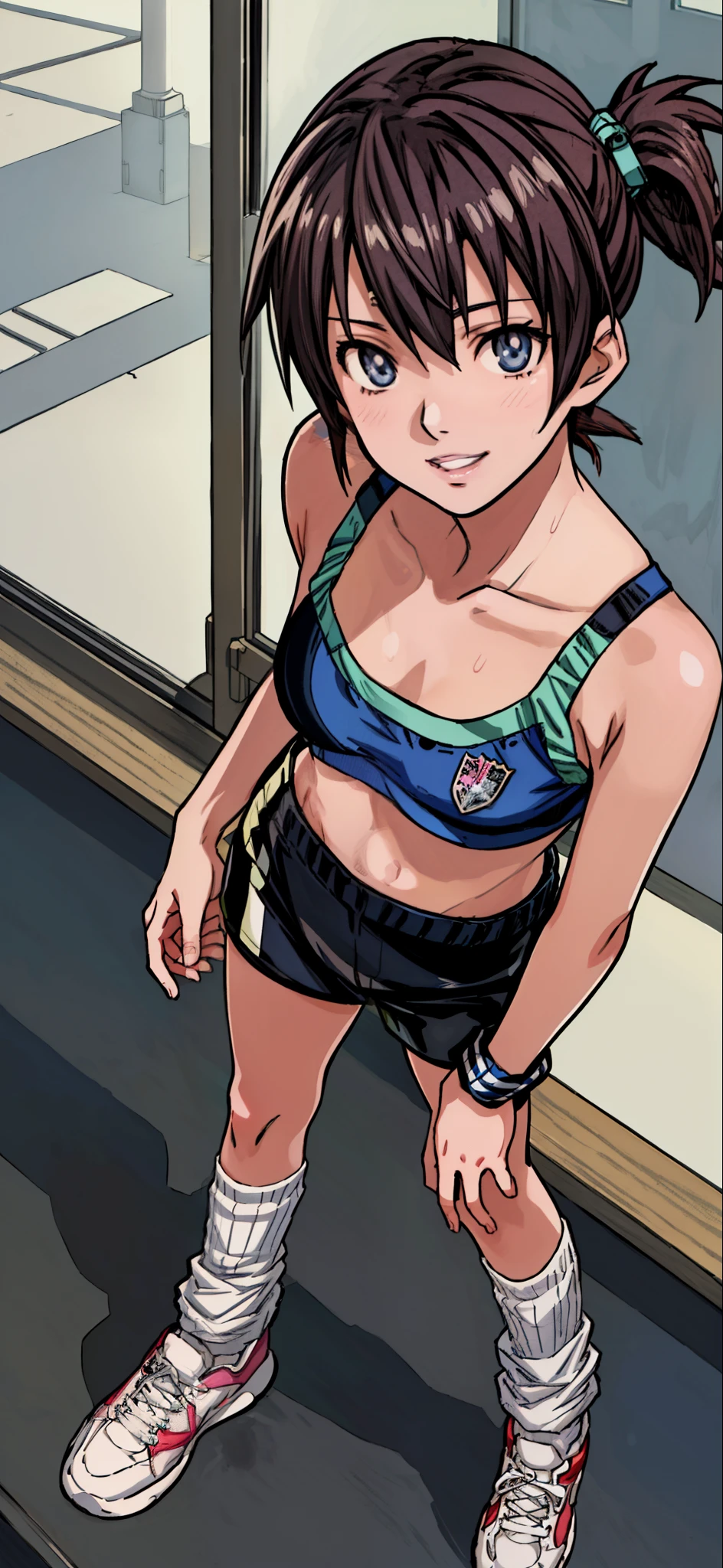 (highest quality,4K,8K,High resolution,table top:1.2), super detailed, (realistic,photorealistic,photo-realistic:1.37), meadow girl, sweating,grin and laugh,put your hand on your waist,((sports bra and black leggings)), Wristband,white loose socks,black sneakers,beautiful and fine eyes, beautiful detailed lips, highly detailed eyes and face, long eyelashes, realistic anime 3D style, Smooth anime CG art, Digital rendering by Makoto Shinkai, Moe anime art style, photorealistic rendering of an anime girl, Shinkai Makoto style, Cute anime girl visuals, realistic young anime girl, girl fan art, Created by Anime Artist'studio of.