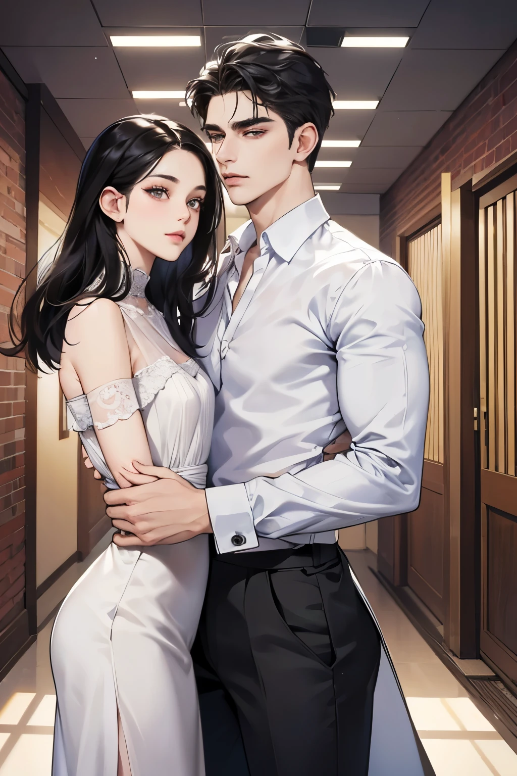 Shown is a man and a woman, with height difference, handsome, 20 years old, white shirt, black pants, back head, handsome, high appearance, high nose bridge, big eyes, double eyelids, mixed race, tall, black hair, brown eyes, symmetrical eyes, looking at the girl,, a woman wearing a beautiful skirt, long black hair, symmetrical eyes, big eyes, black eyes, there is a height difference