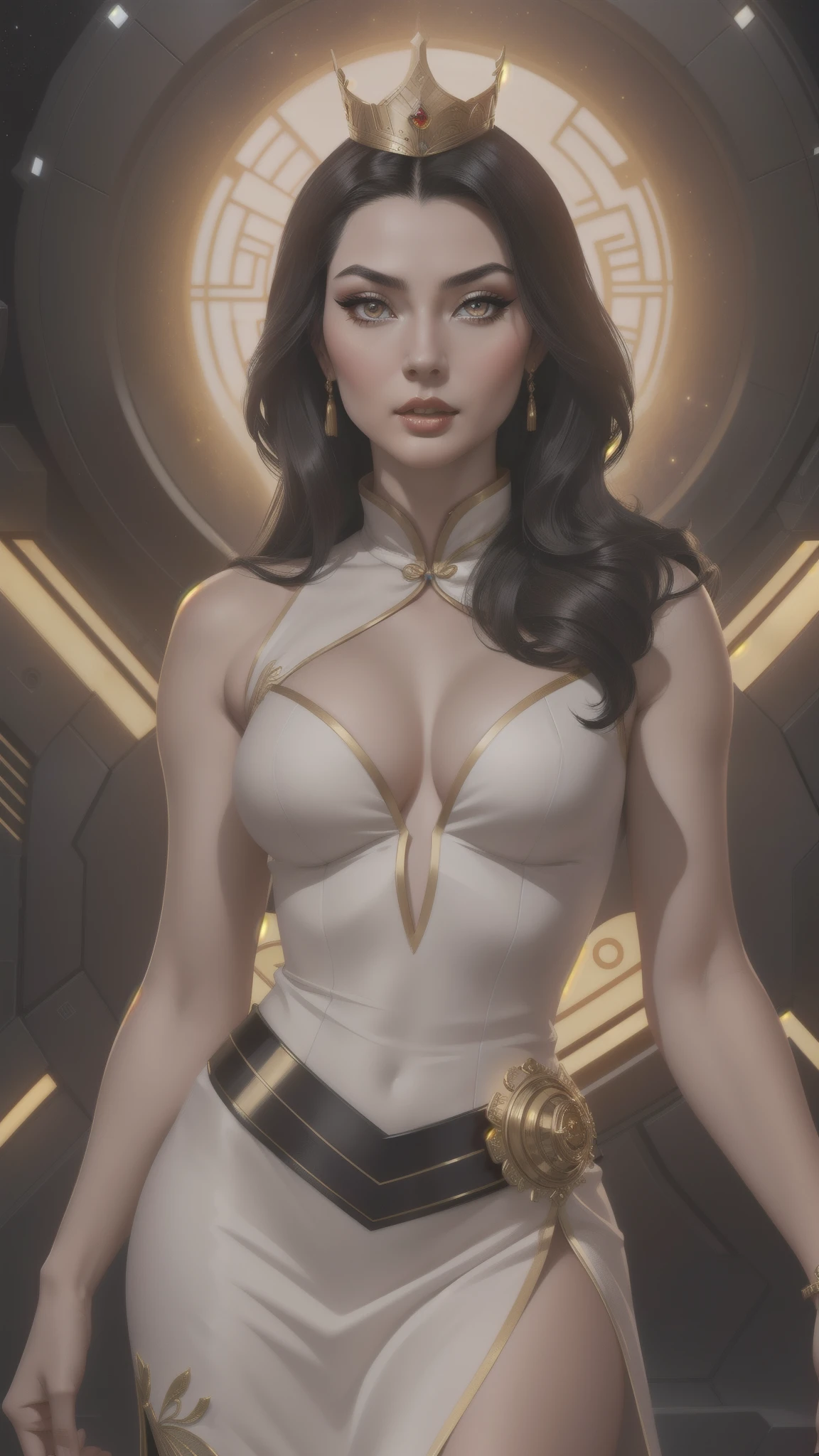 A (Chinese) female, with long dark (black) hair, golden eyes, pale (grey skin), (regal), tall woman, (alluring Queen), (hot) regal dress, (humanoid) alien, (Sci-fi) fantasy, (medium shot), perfect composition, hyper-detailed, 8K, high quality, (perfect eyes), trending art, sharp focus, studio photo, intricate details, (Pin-up) pose