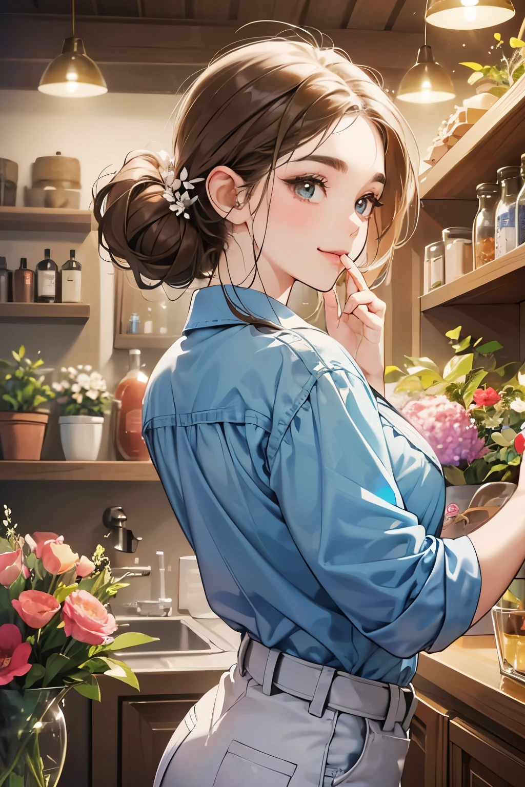 (table top, digital art, digital illustration, 4K, 8K, super detailed, beautiful images, clear image, realistic, RAW photo, perfect face, perfect lines, perfect eyes, soft lighting) 1 female, (light brown hair,chignon hair,innocent look,droopy eyebrows,With a round face,Round jaws、innocence,cute,Big eyes,natural makeup,smile gently,E cup,23 year old female:1.3),Two handsome men in suits, (human,Men in suits,muscular,Firm shoulder width, mannish hairstyle,A man in his 30s with a cool expression,28-year-old man with bright smile:1.2),flower shop,flower shopの店先で,Flower Cottage,colorful flowers,lots of flowers、couple dancing、denim、country style、