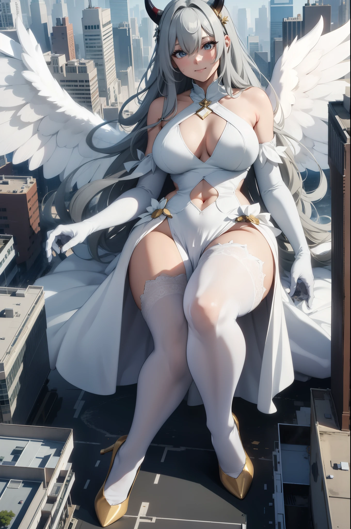 Aerial View,giant girl 50,000 feet high,Weighs 1000kg,Have a pair of long legs,Has a pair of huge angel wings,With huge devil horns on his head,Has white waist-length hair,loose hair,Wearing a pair of white Mary Jane high heels,white wavy hair,White lace gloves,White lace pantyhose,白色蕾丝whole body,Standing upright on a city,城市到处是blood stains,Beautiful appearance,Exquisite makeup,quality,8k,高quality,Perfect proportion, Cinema lighting,film grain,Fuji colors,8k,textured skin,Super details,high detail,high resolution,explode,fake smile,blood stains,脚底有blood stains,whole body,Fat stature