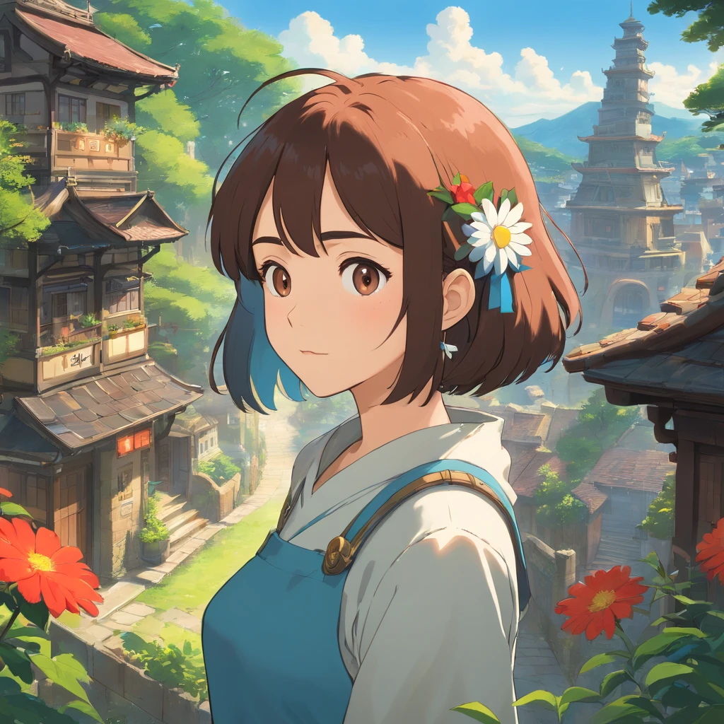 primitivist realism style、girl、Exploring textures、ruined shrine、close、robot that doesn't move、Dark brown and white、Olympus irregular buildings)、Patchwork Cottage、robot that doesn't move,Flower Embellishment、light、Concept Art Inspired by Andreas Rocha、 Art Station Contest Winners、fantasy art、(Sky City)、runs、light シャフト、realistic lighting、masterpiece、high quality、beautiful graphics、advanced details、masterpiece、high quality、beautiful graphics、advanced details、--v6