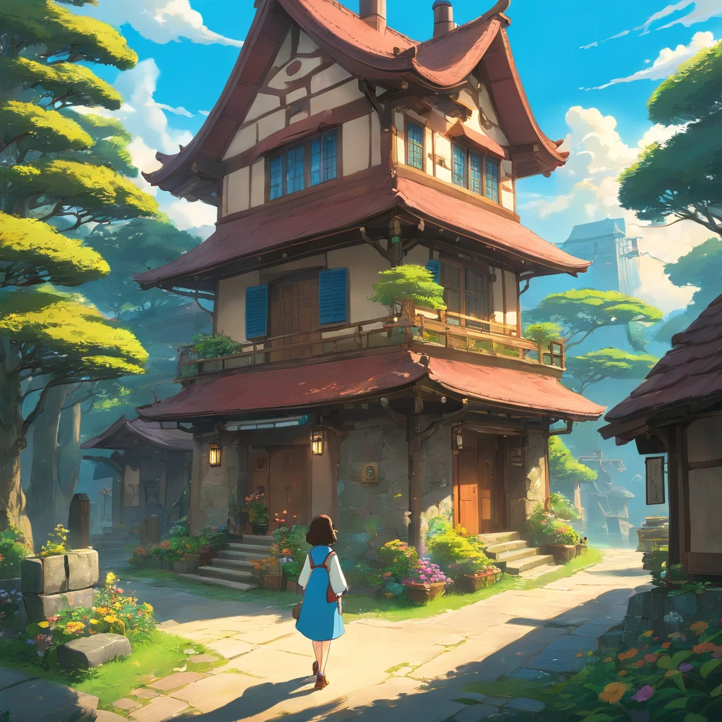 primitivist realism style、girl、Exploring textures、ruined shrine、close、robot that doesn't move、Dark brown and white、Olympus irregular buildings)、Patchwork Cottage、robot that doesn't move,Flower Embellishment、light、Concept Art Inspired by Andreas Rocha、 Art Station Contest Winners、fantasy art、(Sky City)、runs、light シャフト、realistic lighting、masterpiece、high quality、beautiful graphics、advanced details、masterpiece、high quality、beautiful graphics、advanced details、--v6