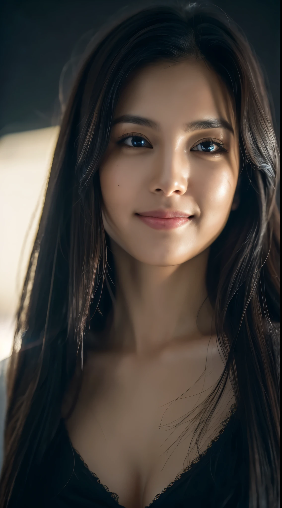 A close up of a woman with long hair and a black bra - SeaArt AI