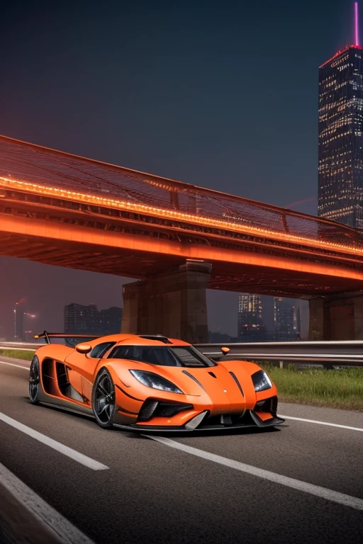 (best quality 8k masterpiece :1.2) hyper realistic at a steampunk an a detailed orange koenigsegg jesko speeding at the highway the red skycrapper on the background at the night