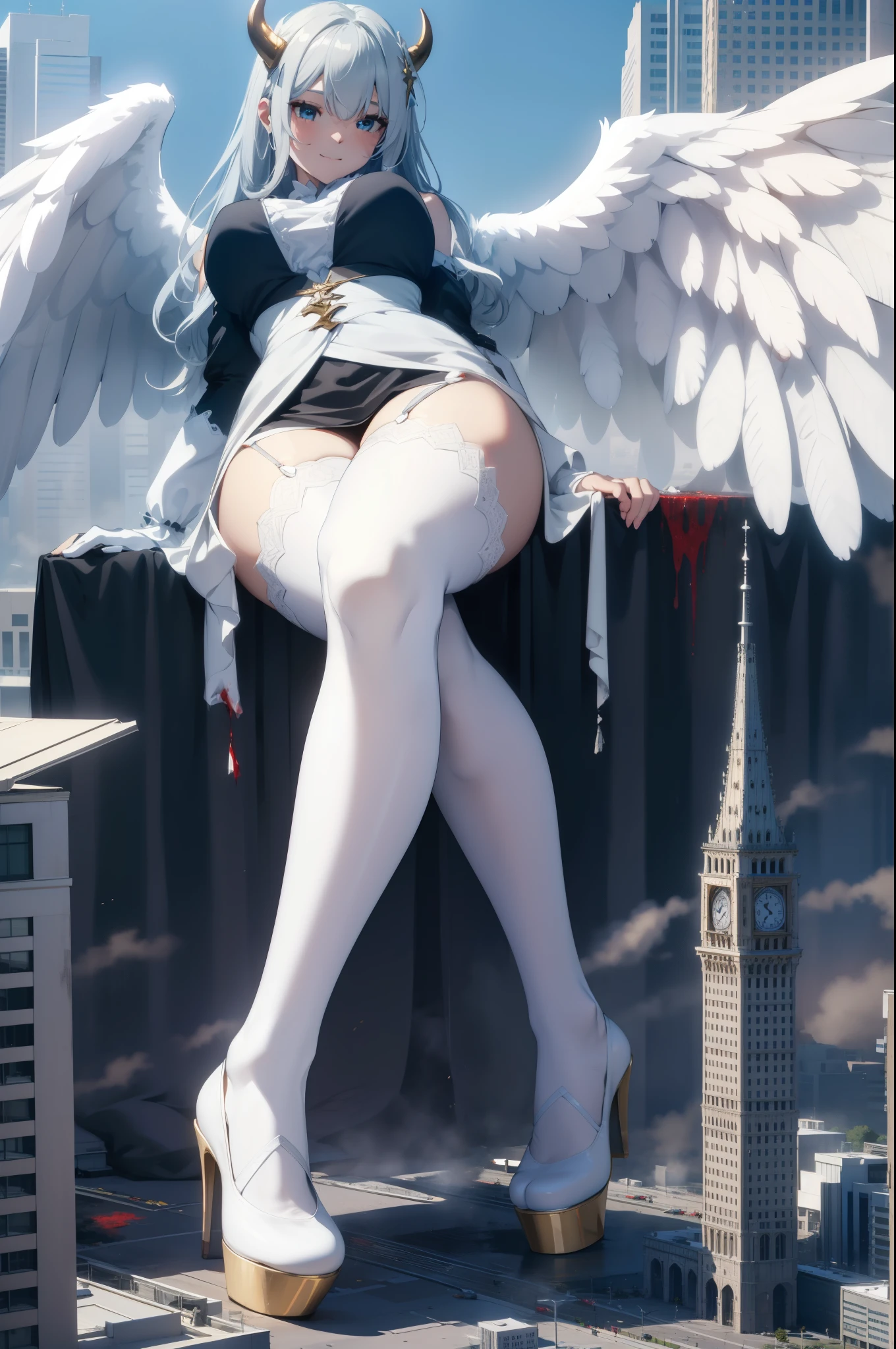 Aerial View,giant girl 50,000 feet high,Weighs 1000kg,Have a pair of long legs,Has a pair of huge angel wings,With huge devil horns on his head,Has white waist-length hair,loose hair,Wearing a pair of white Mary Jane high heels,white wavy hair,White lace gloves,White lace pantyhose,白色蕾丝whole body,Standing upright on a city,城市到处是blood stains,Beautiful appearance,Exquisite makeup,quality,8k,高quality,Perfect proportion, Cinema lighting,film grain,Fuji colors,8k,textured skin,Super details,high detail,high resolution,explode,fake smile,blood stains,脚底有blood stains,whole body,Fat stature