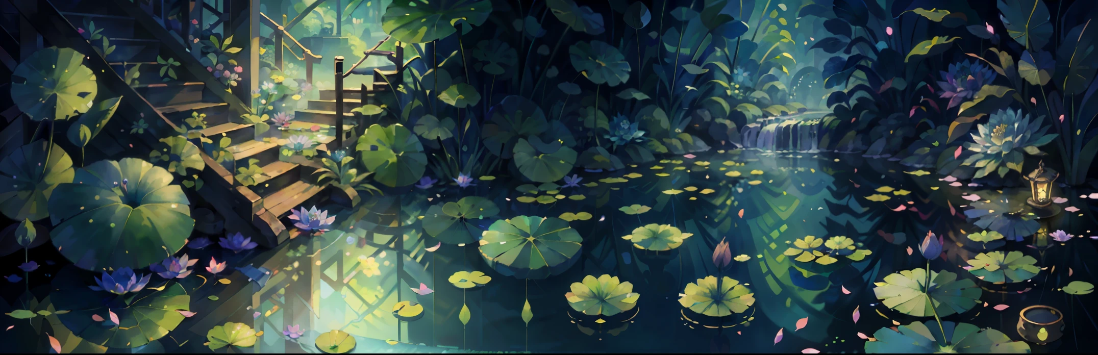 Original，（illustratio：1.1），（best qualtiy），（tmasterpiece：1.1），（the Extremely Detailed CG Unity 8K Wallpapers），（a color：1.2），water lilies，Water lily petals，scenecy，rios|Wagas, a cute frog