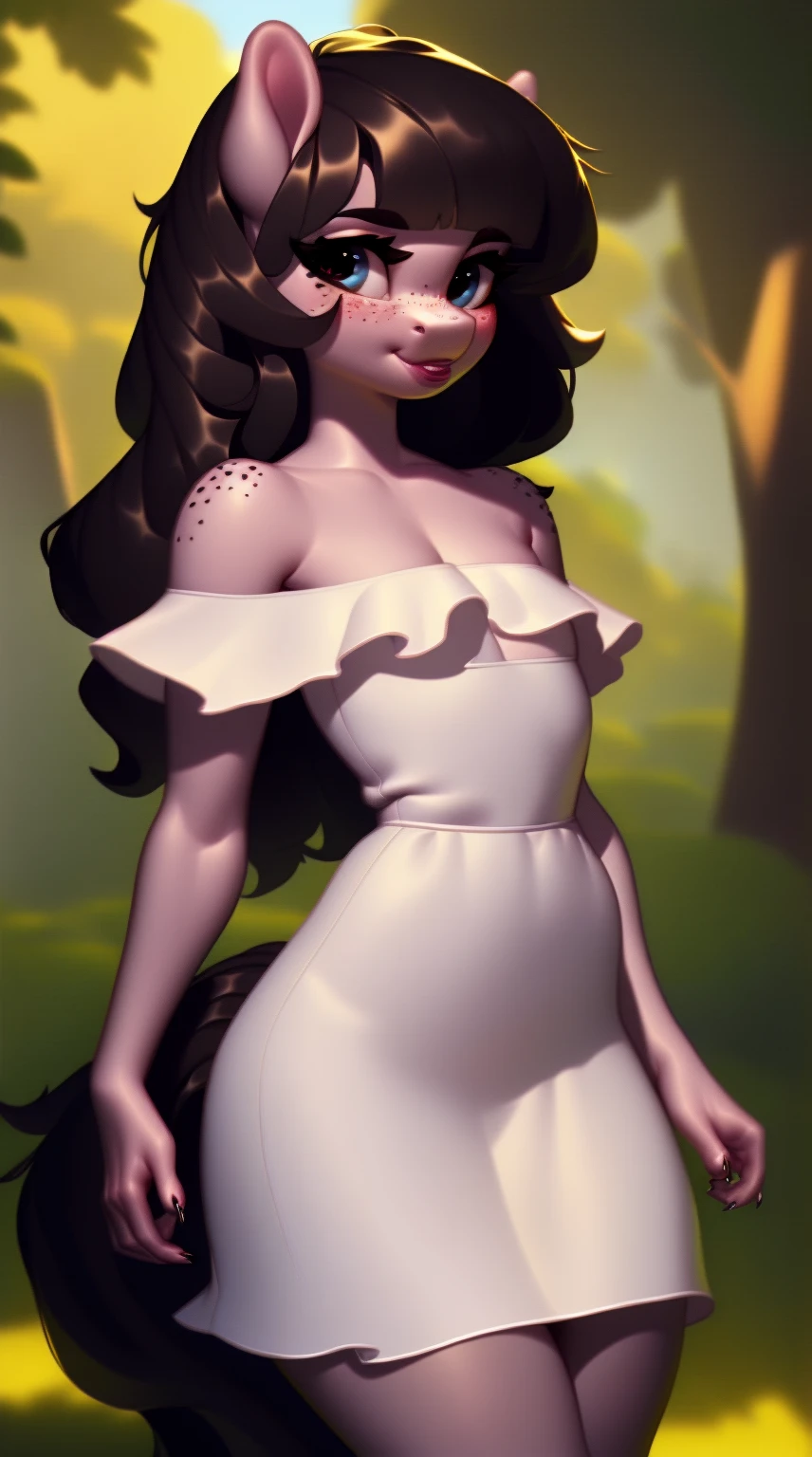(score_9), (source_ derpibooru_p_95), (earth pony), ((anthro oc pony:1.1)), (shoulderless beautiful sun dress), shy, blushing, solo, bangs, realistic long hair, anatomically correct, flat chest, curvy figure, high res, pink bottom lip, extremely detailed, young, adorable, filly, absolutely stunning, freckles,