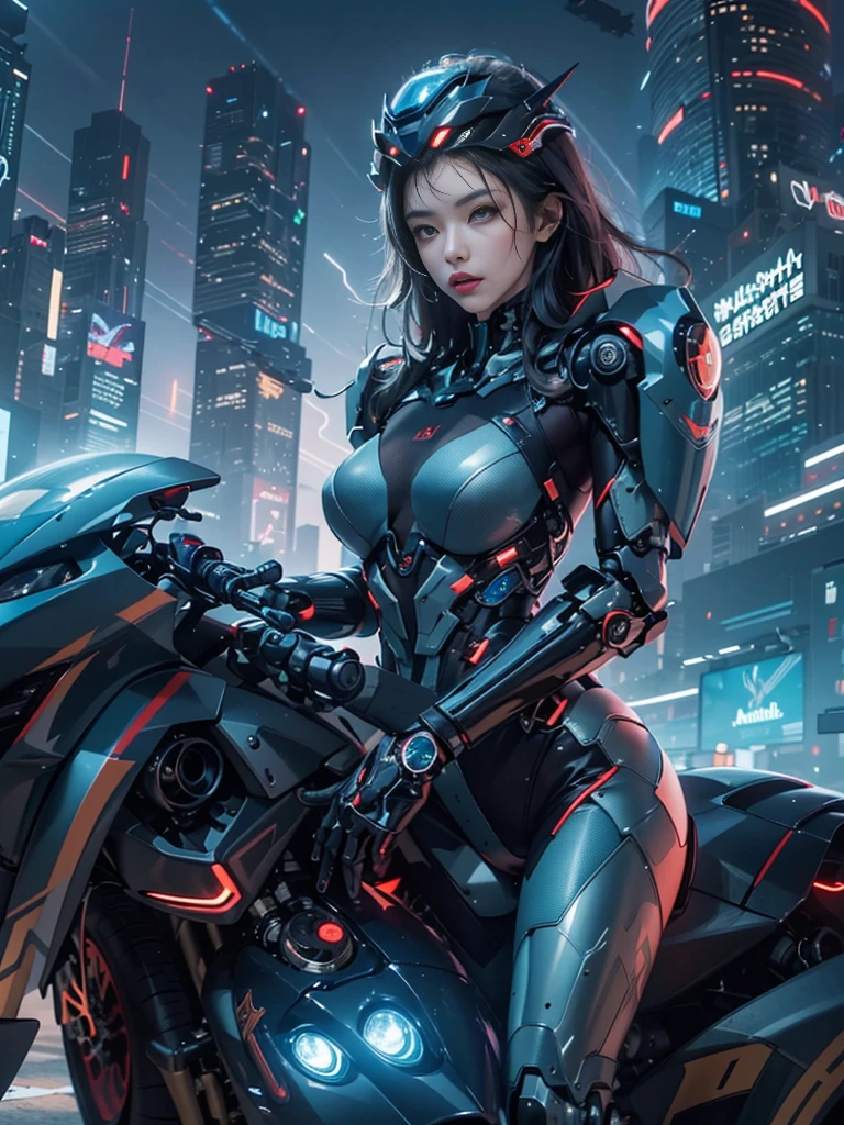 Best image quality, great detail, ultra high resolution, (realism: 1.4), best illustration, Request Details, Condensed 1girl, With a delicate and beautiful face, Dressed in black and blue mechs, Wearing a mechanical helmet, holding the directional controller, ride a motorcycle, The background is a high-tech lighting scene of a futuristic city..