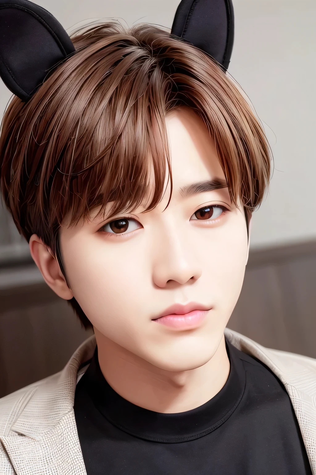 1 person、high quality,masterpiece,8K, head shot, ((Dog masks))、(background bokeh)、((black shirt only))、brown hair covers one eye、