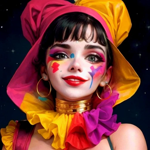 (best quality,highres),Arabian woman wearing colorful makeup, with paint on her face and safety pins in her mouth, wearing bizarre clown makeup, cosmic Bjork, Bjork album cover, Bjork smiling, Bjork howling