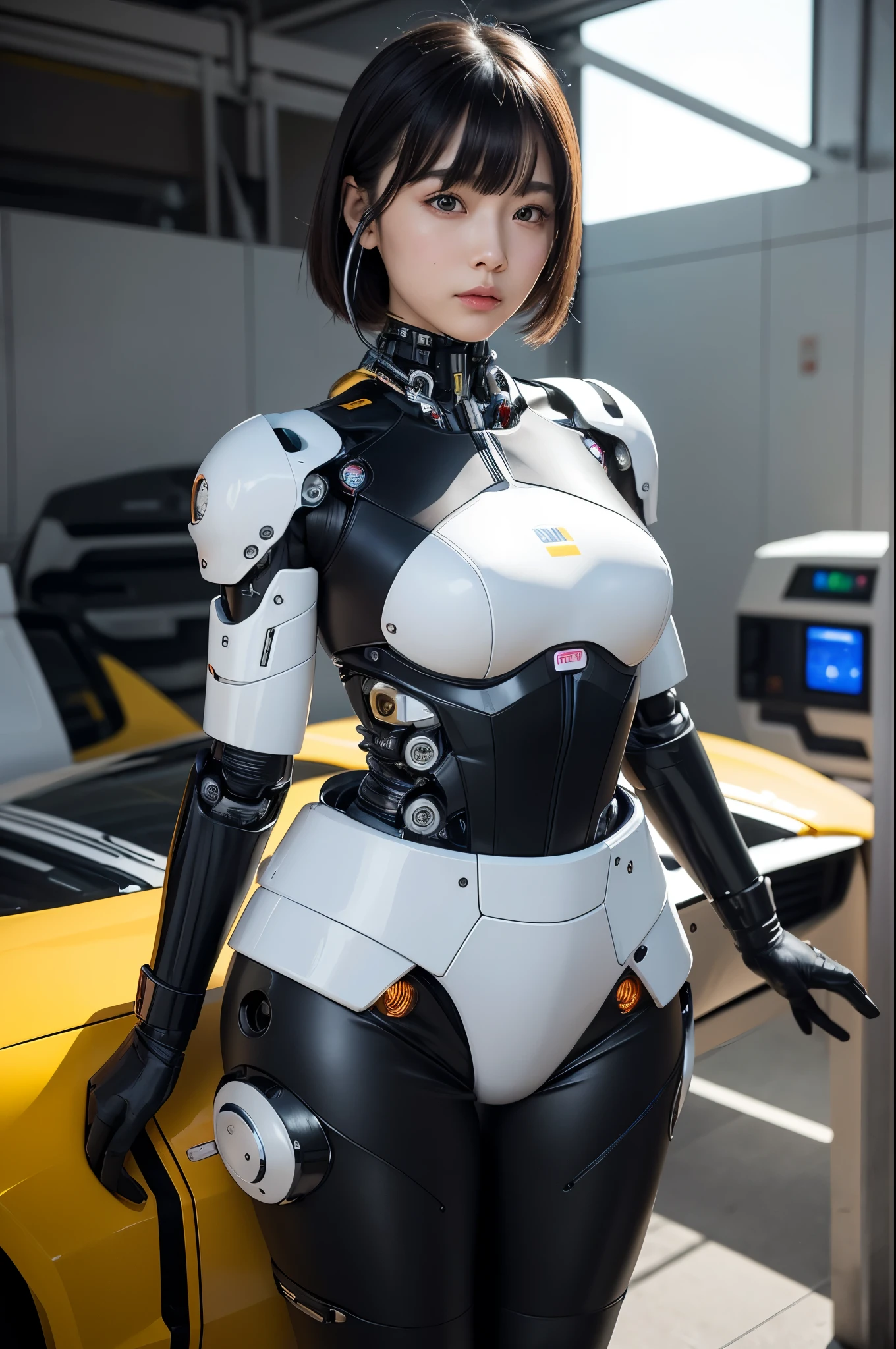 masterpiece, best quality, (photorealistic:1.4), (RAW photo)(8K, 4K, Best Quality, hight resolution, 超A high resolution:1.1), (masutepiece, Realistic, Photorealsitic:1.1), 1girl in, Japaese Cyborg Girl,Plump , announcer,control panels,android,Droid,Mechanical Hand, ,clothes with a sense of mechanical technology, Robot arms and legs, Black Robot Parts,Black hair,Mechanical body,Blunt bangs,White abdomen,White robotics parts,tube dress,perfect robot woman,perfect android woman, perfect mechanical woman,future laboratory,android factory,cyborg factory,robot factory,cyber pank,charging spot,long tube,thick cable connected her neck,bowing,maintainance her,repaired her,full eyes,dark black tights,a bit chubby