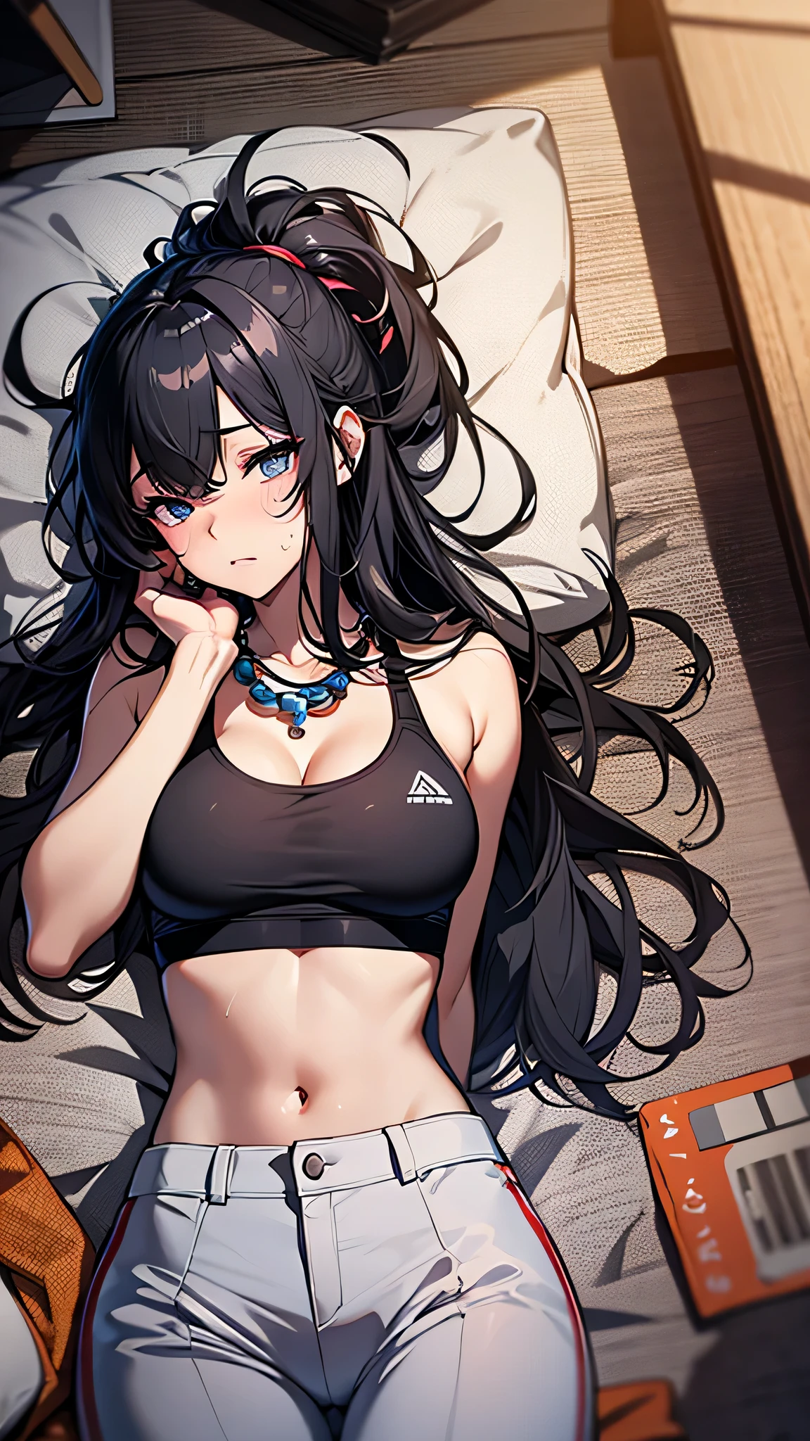 最high quality、best image quality、masterpiece、age girl((18-year-old、 By becoming、vest bust、medium bust,wide open breast tea、black eye, black hair、long hair、thin,highest valley、cute makeup、black sports bra、White sports pants、White Necklace、Blackface Paint、tired face、Sweat、sleep、worst sleeping position、erotic face)),high quality、beautiful art、background((on the bed)),debris flies、Depth of written boundary、movie、visual art、perfect art、8K,genuine