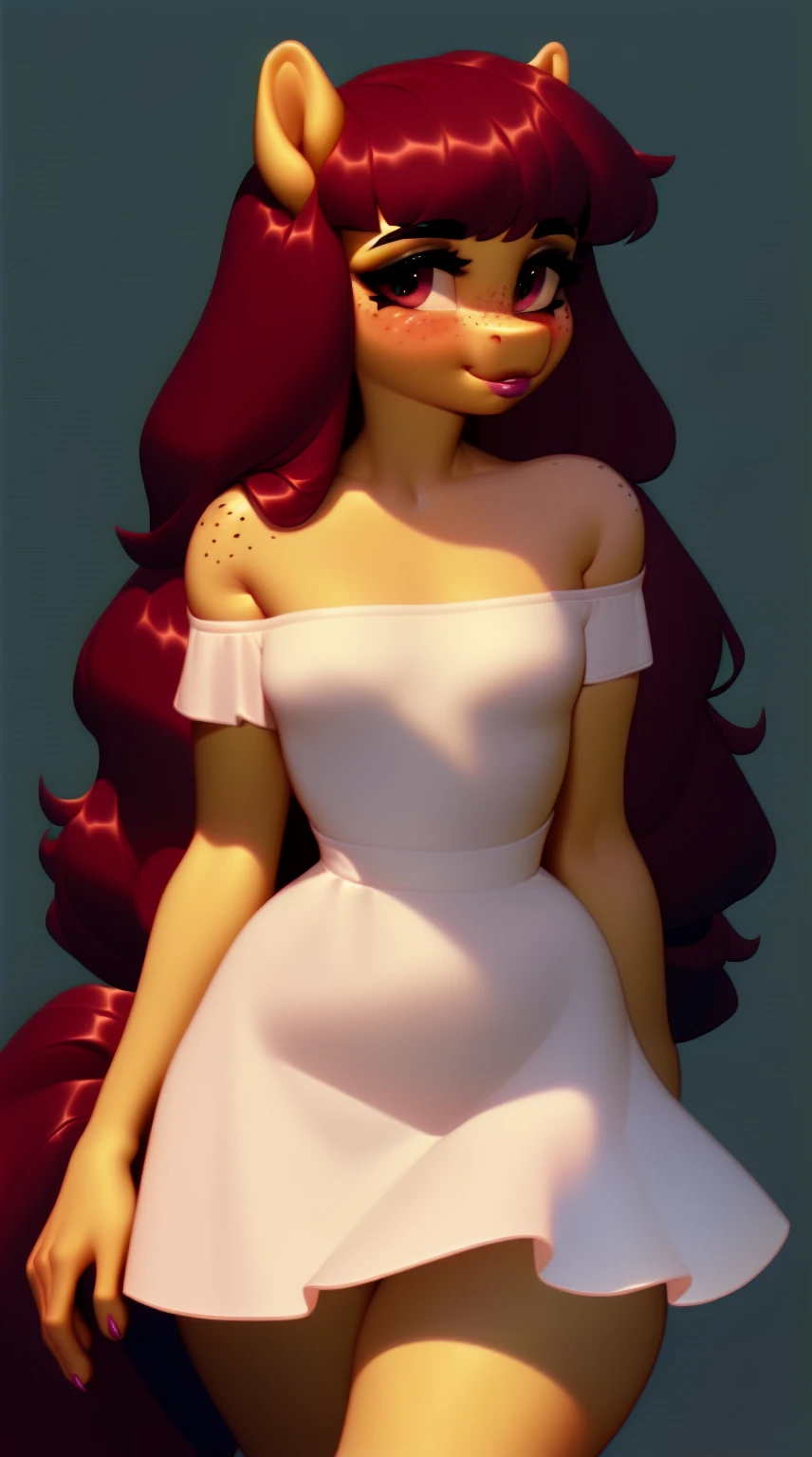 (score_9), (source_ derpibooru_p_95), (earth pony), ((anthro oc pony:1.1)), (shoulderless short sun dress), shy, blushing, solo, realistic long hair, bangs, anatomically correct, flat chest, curvy figure, high res, pink bottom lip, extremely detailed, tween, filly, absolutely stunning, freckles,