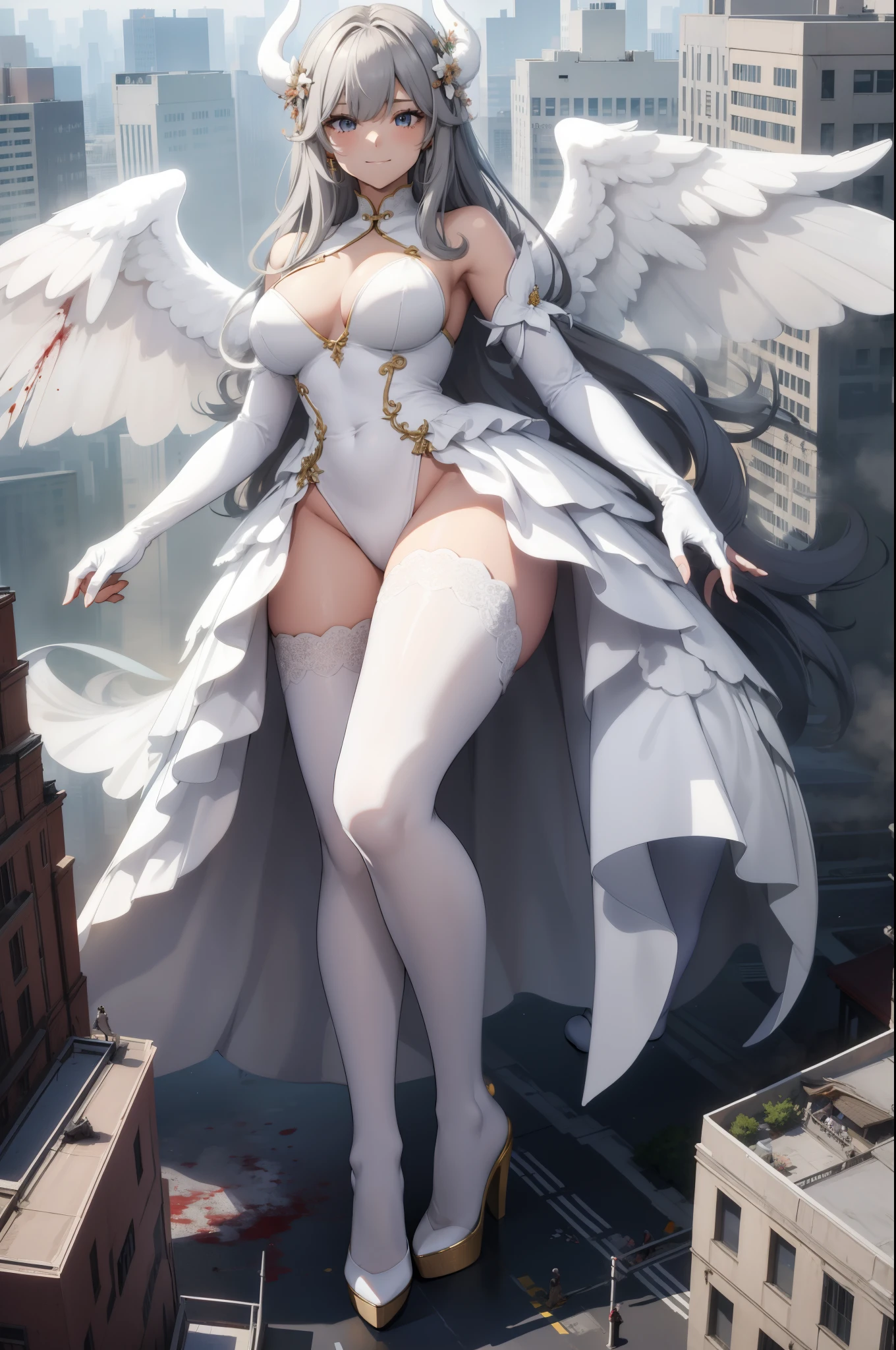 Aerial View,giant girl 50,000 feet high,Weighs 1000kg,Have a pair of long legs,Has a pair of huge angel wings,With huge devil horns on his head,Has white waist-length hair,loose hair,Wearing a pair of white Mary Jane high heels,white wavy hair,White lace gloves,White lace pantyhose,白色蕾丝whole body,Standing upright on a city,城市到处是blood stains,Beautiful appearance,Exquisite makeup,quality,8k,高quality,Perfect proportion, Cinema lighting,film grain,Fuji colors,8k,textured skin,Super details,high detail,high resolution,explode,fake smile,blood stains,脚底有blood stains,whole body,Fat stature
