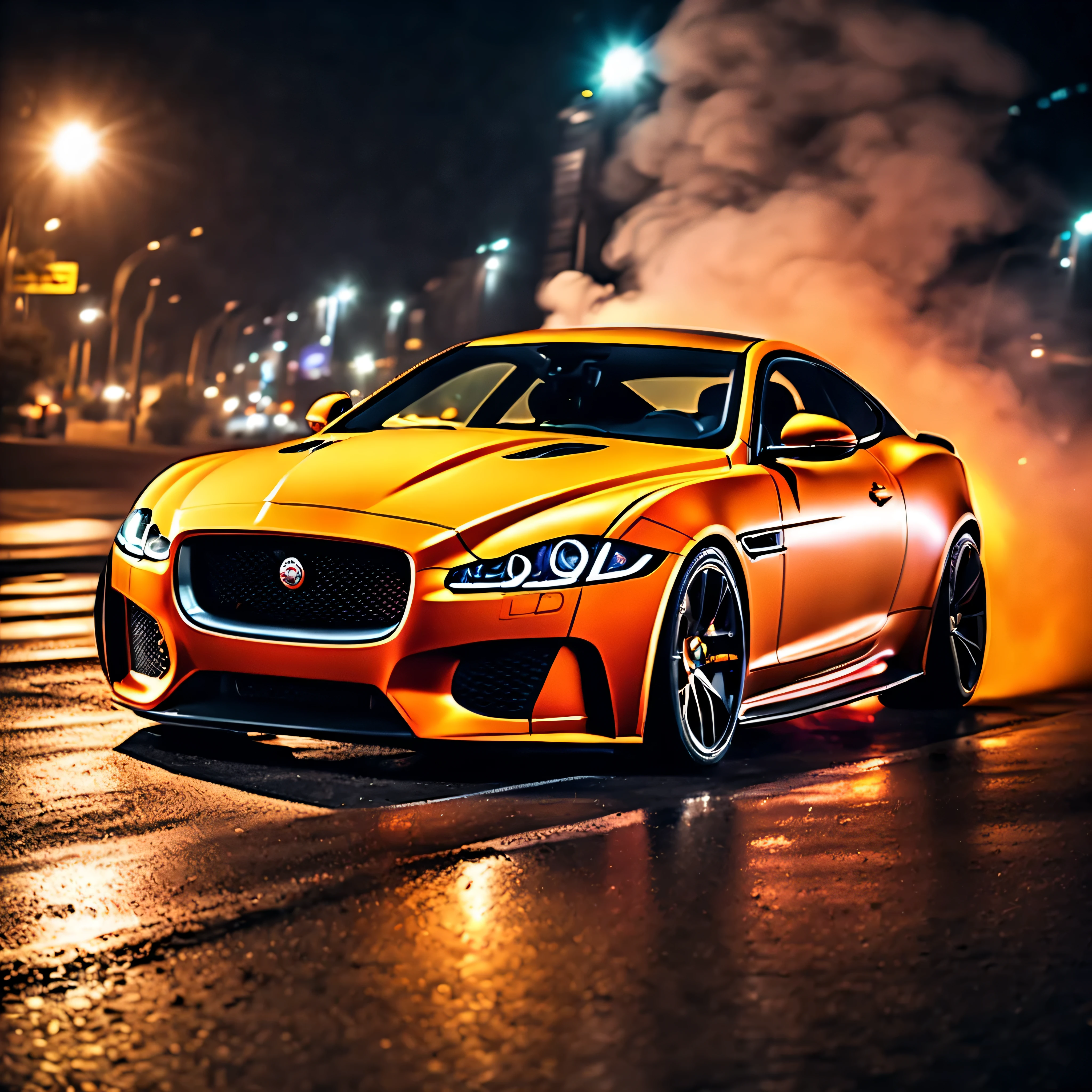 (best quality,4k,8k,highres,masterpiece:1.2),ultra-detailed,(realistic,photorealistic,photo-realistic:1.37),jaguar driving on fire,ignited asphalt,sparks in the night,blazing tires,burning rubber,flaming exhaust,dynamic speed,motion blur,vivid colors,city lights reflecting,smoke trailing,portraits of adrenaline rush,nighttime car photography,futuristic car concept,aggressive stance,precision engineering,reflective metallic surface,chrome accents,shadows and highlights enhancing contours,gleaming finish,headlights piercing through darkness,light trails,tail lights streaking,glistening sparks,fast and furious,menacing glow,emblazoned flames,heat of the moment,aura of power,energy on wheels,explosive passion,thrill and excitement,blast of adrenaline,blazing trail,fire in my veins
