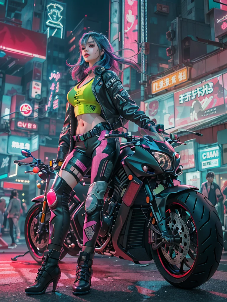 masterpiece, best quality, Confident Cyberpunk Girl, full body shot, ((stand in front of the motorcycle)), Popular Harajuku-style costumes, Bold colors and patterns, eye-catching accessories, Trendy and innovative hairstyles, vibrant makeup, Cyberpunk's dazzling cityscape, Skyscraper, Neon sign, LED lights, Bright and vivid color composition, anime big breast, illustration, Detailed skin texture, Detailed fabric texture, Beautiful detailed face, intricate details, ultra detail.