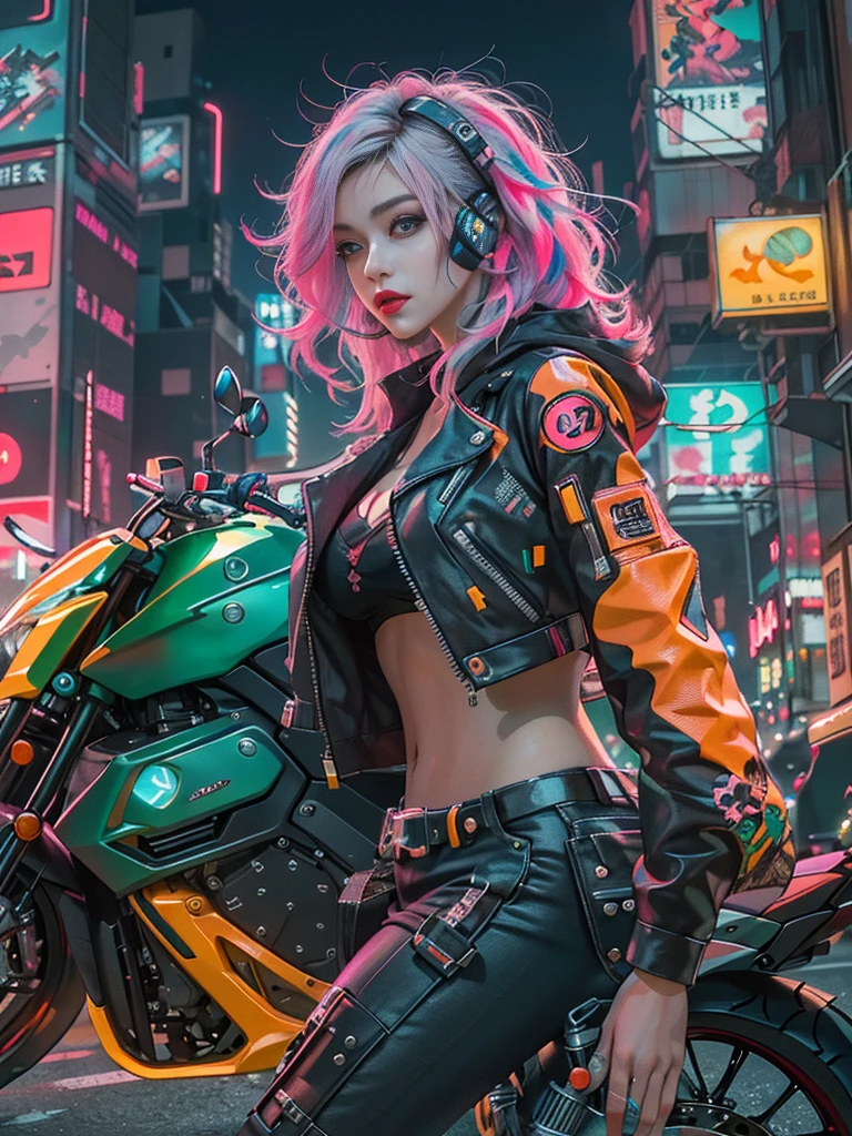 masterpiece, best quality, Confident Cyberpunk Girl, full body shot, ((stand in front of the motorcycle)), Popular Harajuku-style costumes, Bold colors and patterns, eye-catching accessories, Trendy and innovative hairstyles, vibrant makeup, Cyberpunk's dazzling cityscape, Skyscraper, Neon sign, LED lights, Bright and vivid color composition, anime big breast, illustration, Detailed skin texture, Detailed fabric texture, Beautiful detailed face, intricate details, ultra detail.