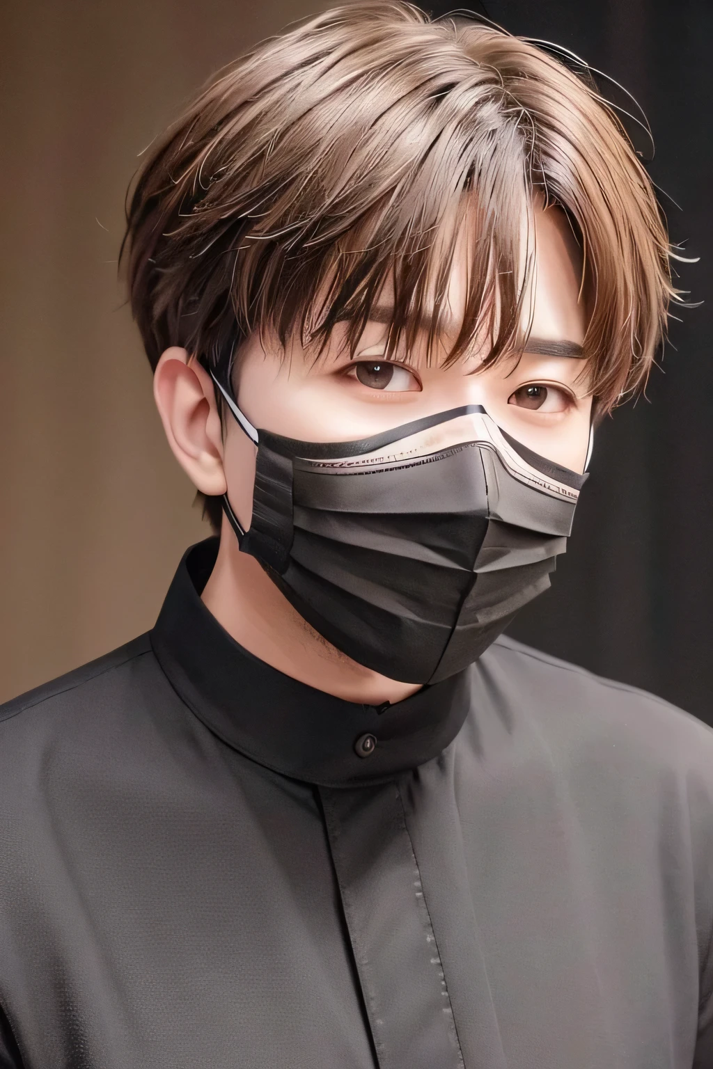 1 person、high quality,masterpiece,8K, head shot, ((wearing a mask))、(dog painting background)、((black shirt only))、light brown hair、、