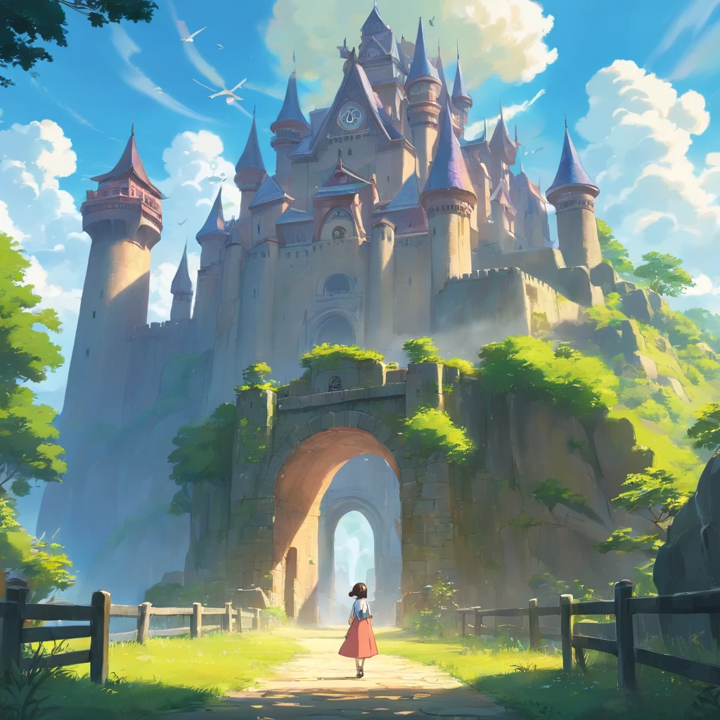 primitivist realism style、girl、Castle、exploring、ruined shrine、robot that doesn't move、Olympus irregular buildings、robot that doesn't move、light、Concept Art Inspired by Andreas Rocha、 Art Station Contest Winners、fantasy art、(Sky City)、runs、light シャフト、realistic lighting、masterpiece、high quality、beautiful graphics、advanced details、masterpiece、high quality、beautiful graphics、advanced details、--v6