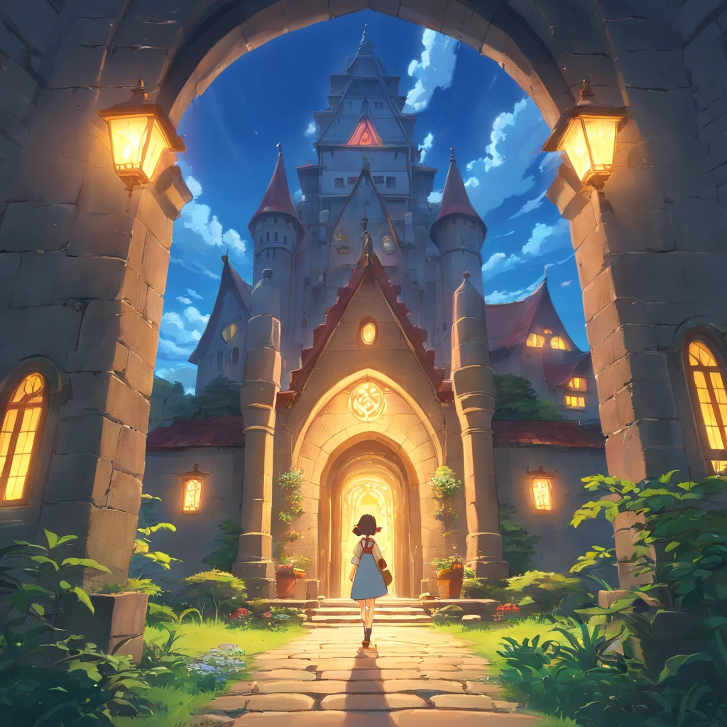 primitivist realism style、girl、Castle、exploring、ruined shrine、robot that doesn't move、Olympus irregular buildings、robot that doesn't move、light、Concept Art Inspired by Andreas Rocha、 Art Station Contest Winners、fantasy art、(Sky City)、runs、light シャフト、realistic lighting、masterpiece、high quality、beautiful graphics、advanced details、masterpiece、high quality、beautiful graphics、advanced details、--v6
