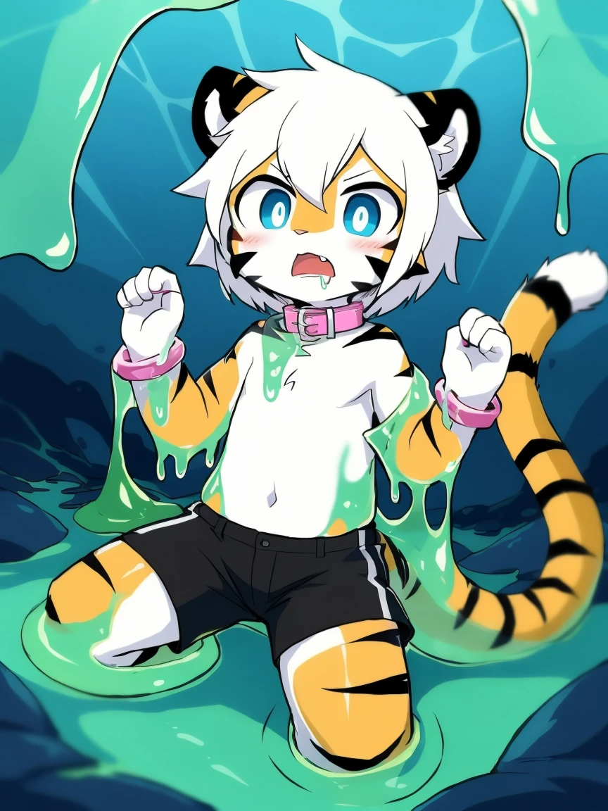 （4K，8k，best quality，meticulous details，Delicate light，Delicate short hair）Tiger cubs，white hair，dark blue pupils，there&#39;s something strange，adventure，Slime that exudes faint light，Slime dripping down，surprise，touch slime，史莱姆贴在Tiger cubs的臀部，black shorts，Big blue striped tail，Little fresh，Dive into the slime，Enter slime， Shota，Pink bracelet，Pink collar