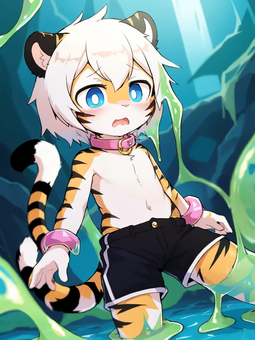 (4K,8k,best quality,meticulous details,Delicate light,Delicate short hair)Tiger cubs,white hair,dark blue pupils,there's something strange,adventure,Slime that exudes faint light,Slime dripping down,surprise,touch slime,史莱姆贴在Tiger cubs的臀部,black shorts,Big blue striped tail,Little fresh,Dive into the slime,Enter slime, Shota,Pink bracelet,Pink collar