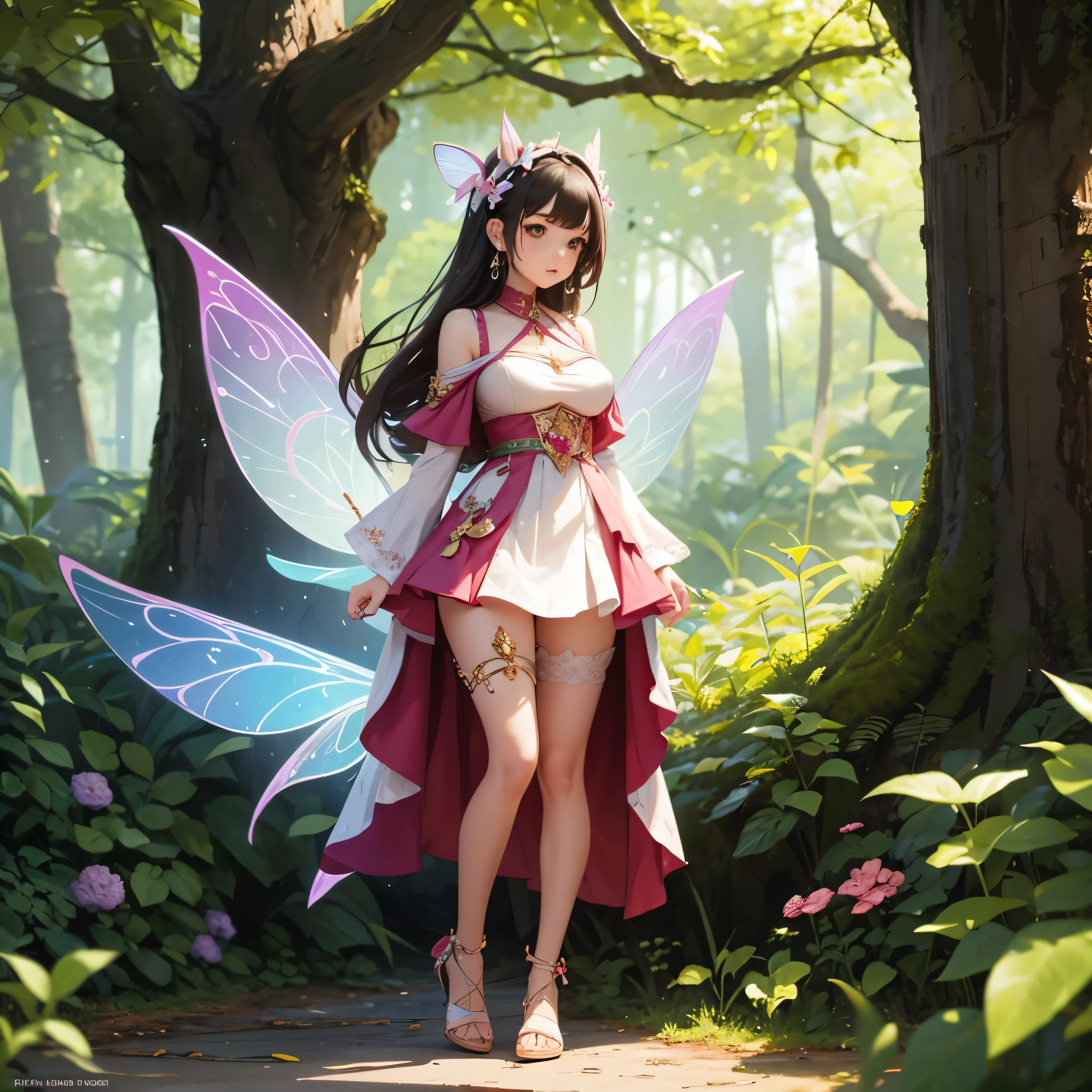 Adult 25 years old woman Flying fairy medium size boobs living in the fairy forest fairy wearing fairy clothes design outfit full body standing facing front toward camera