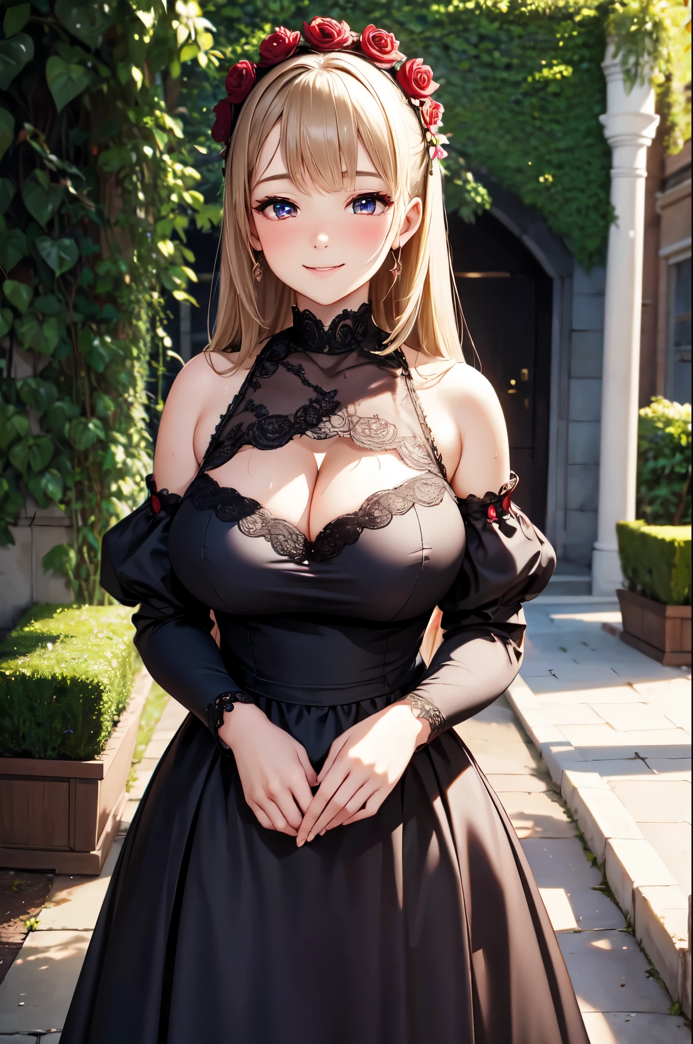 (High quality, High resolution, Fine details), Realistic, Noble Gardens, Natural light, Red and black gothic long dress, Lots of ruffles, Fine lace, solo, curvy women, sparkling eyes, (Detailed eyes:1.2), smile, blush, Sweat, Oily skin, shallow depth of field, Soft tones