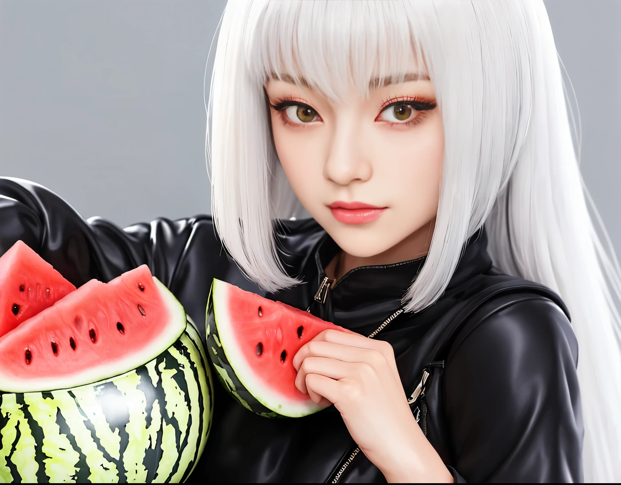 girl with long white hair holding a slice of watermelon, whitw haired, perfect white haired girl, white haired lady, girl with white hair, white haired deity, made with anime painter studio, neferpitou, tifa lockhart with white hair, ueshiba riichi, white-haired, material is!!! watermelon!!!, inspired by Leiko Ikemura