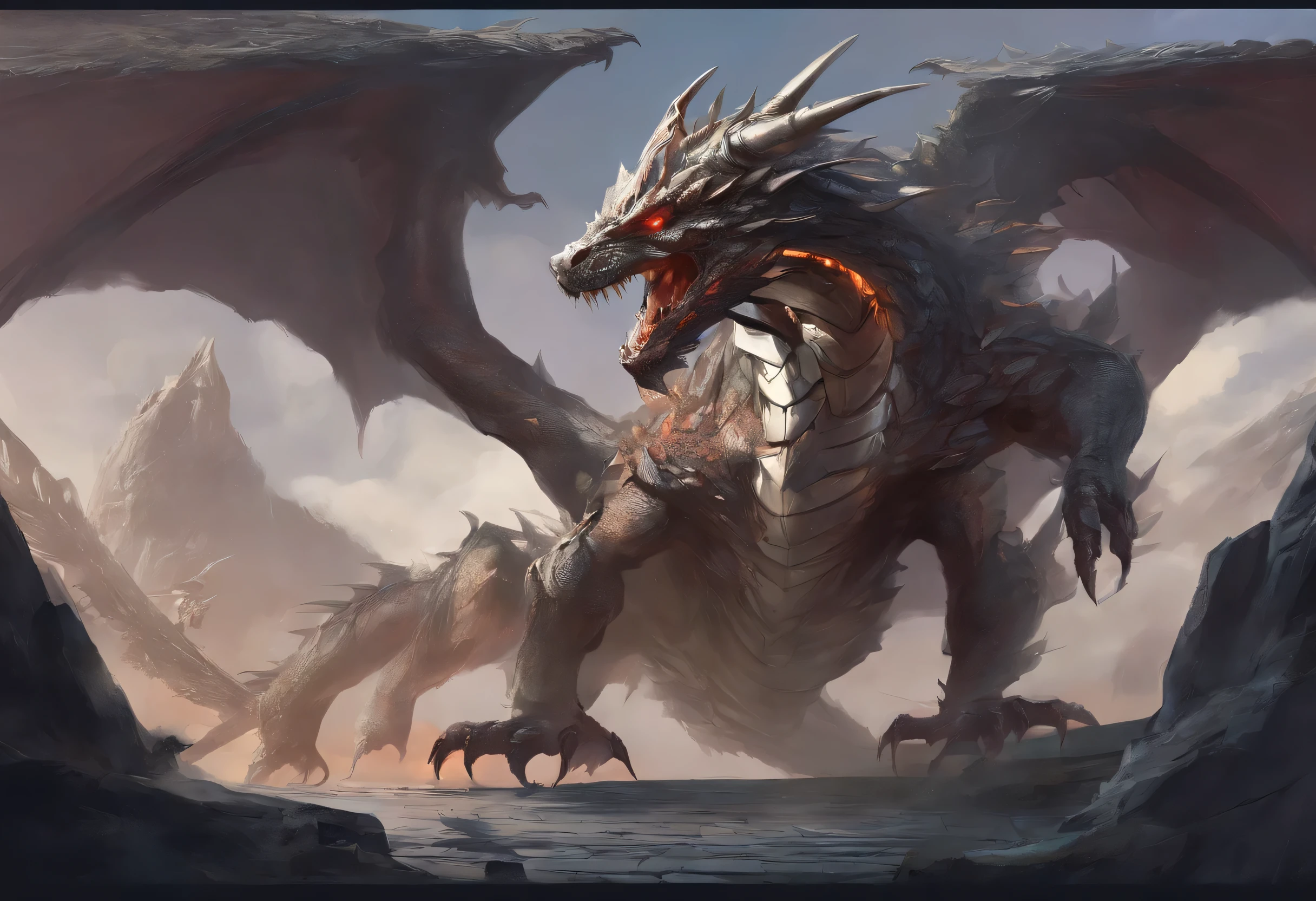 There is a big dragon with a huge head and a huge body, epic fantasy card game art, highly detailefantasy art, detailed digital 2fantasy art, 壮大なfantasy artワーク, detailefantasy art, Epic fan-inspired card game art, dungeon&ドラゴンズfantasy art, surreal D & fantasy art, 対称的な壮大なfantasy art, cyborg dragon portrait
