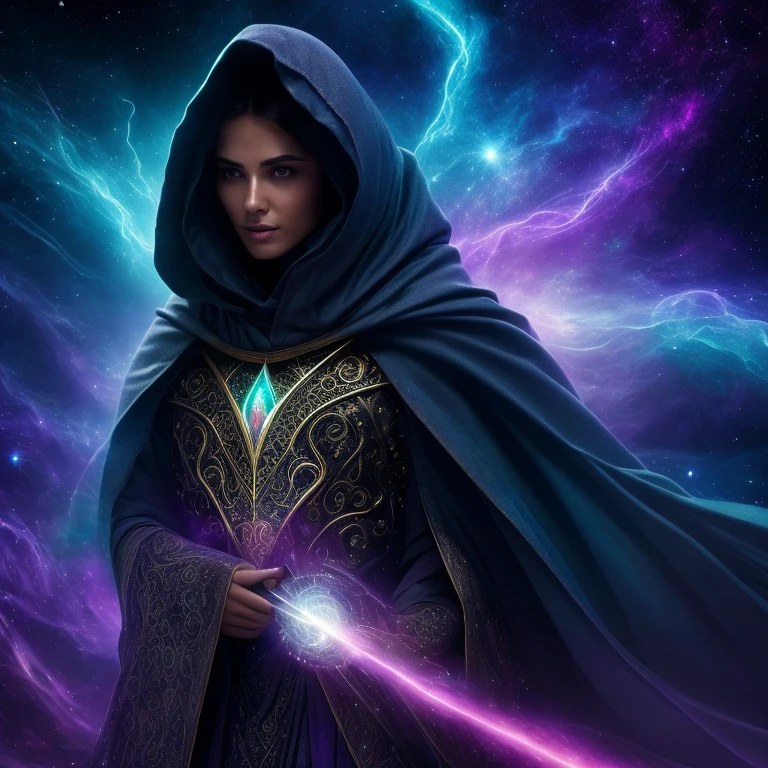 (best quality,4k,8k,highres,masterpiece:1.2),ultra-detailed,(realistic,photorealistic,photo-realistic:1.37),dark fantasy,hooded cloak,glimmering stars,mysterious aura,enchanted staff,glimpses of galaxies,cosmic patterns,magical sparks,mystical atmosphere,colorful nebulae,spellbinding,celestial realm,dazzling lights,ancient runes,cloaked figure,intense gaze,deep blue background,eerie glow,majestic presence,elemental forces,galactic secrets,moonlit sky,otherworldly powers,intricate designs,transcendent beauty,ethereal beings,magical energy,supernatural cape,cosmic tapestry,unveiling the unknown,portal to another dimension,vibrant celestial colors,dreamlike ambience,fantastical landscapes,distant constellations,shimmering cloak,spellcaster's attire,dimensions intertwining,immortal strength,mystic symbols,celestial alignment,cosmic forces,galactic ensemble,beholding the universe,limitless power,transcendence of reality,guardian of the stars,hidden prophecies,unleashing magic,harmony of galaxies,enchanted realm,vector of creation,dark matter's allure,weaver of destiny,embracing the cosmos,emissary of the unknown,illusionary wisps,cosmic enchantment,elusive mystique,discovering cosmic truths,unveiled universe.