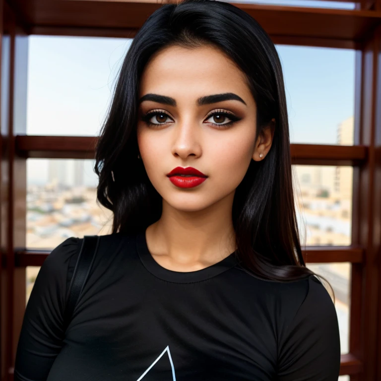 ((beautiful)+(attractive:0.9)+(sensual:0.8)) metisse arab women ((nerd:0.8)+(lovely)+(clean skin)) with hazel eyes and red lips. Medium dark black  hair, ((intense eyes))