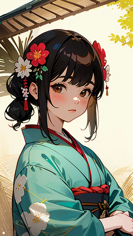 1 girl, alone, outdoor, cute japanese model girl, kimono, Floral, hair ornaments, looking at the viewer, hair flower, brown eyes, bangs, masterpiece, highest quality, realistic