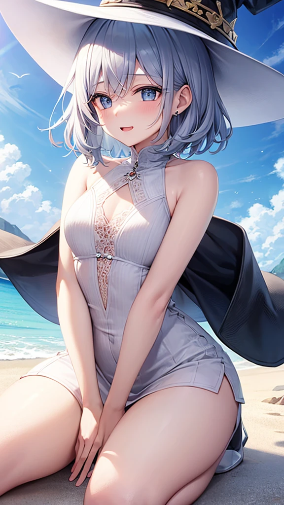 super high quality, with a girl, 20-year-old, very short hair, long bangs between the eyes, pale blue eyes , blue sky, sunlight, very detailed,(masterpiece、highest quality)、alone、gray hair、laughter、White skin as clear as snow、fantasy, silver hair, black eye, beautiful eyes,, ecstasy, charm, be smitten with audience, fantasyな風景、witch hat