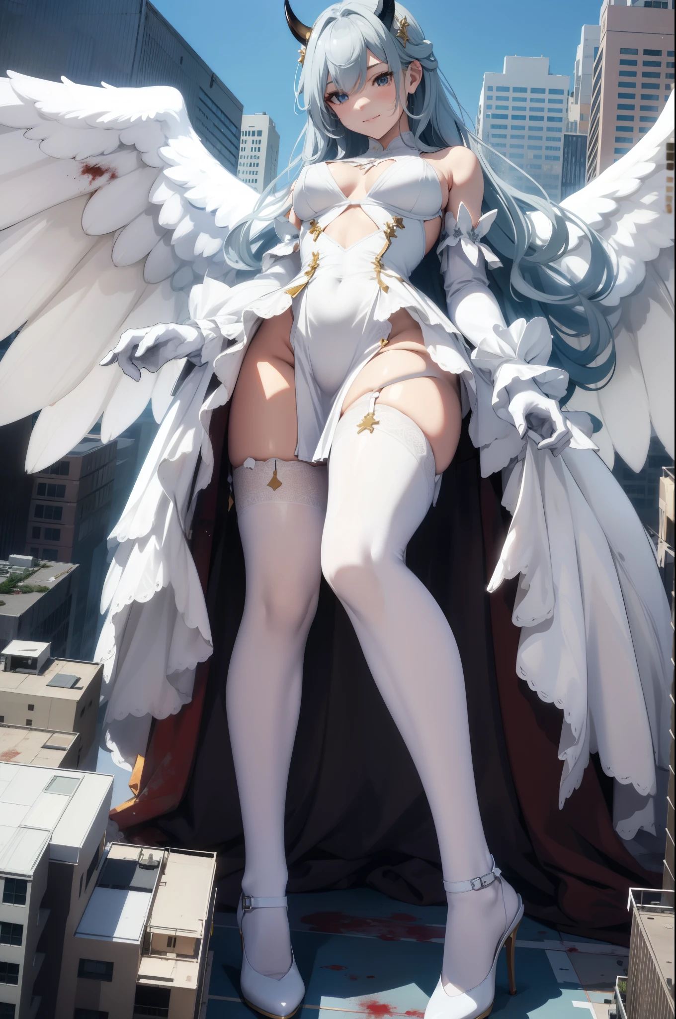 Aerial View,giant girl 50,000 feet high,Weighs 1000kg,Have a pair of long legs,Has a pair of huge angel wings,With huge devil horns on his head,Has white waist-length hair,loose hair,Wearing a pair of white Mary Jane high heels,white wavy hair,White lace gloves,White lace pantyhose,白色蕾丝whole body,Standing upright on a city,城市到处是blood stains,Beautiful appearance,Exquisite makeup,quality,8k,高quality,Perfect proportion, Cinema lighting,film grain,Fuji colors,8k,textured skin,Super details,high detail,high resolution,explode,fake smile,blood stains,脚底有blood stains,whole body,Fat stature