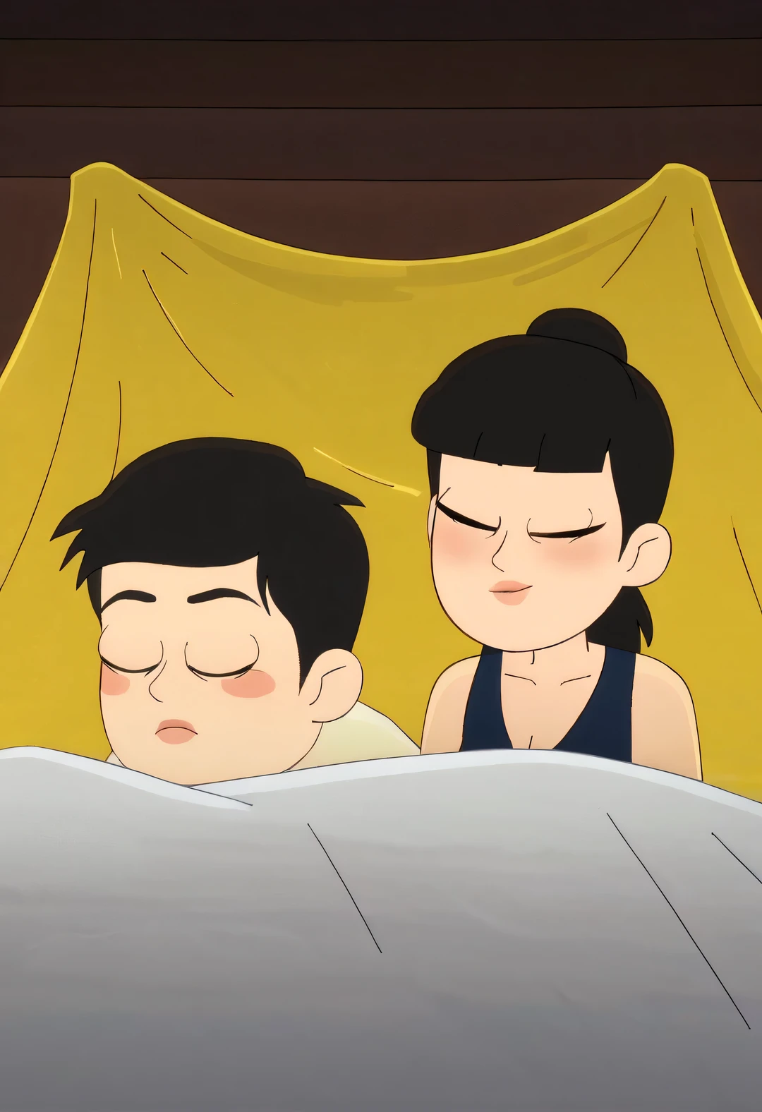 Chinese tall muscular boy and chubby girl couple lying under quilt and chatting，
