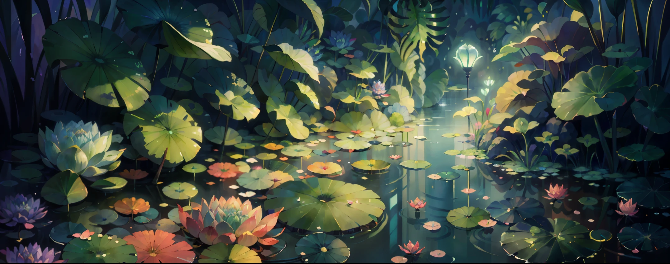 Original，（illustratio：1.1），（best qualtiy），（tmasterpiece：1.1），（the Extremely Detailed CG Unity 8K Wallpapers），（a color：1.2），water lilies，Water lily petals，scenecy，rios|Wagas, a cute frog