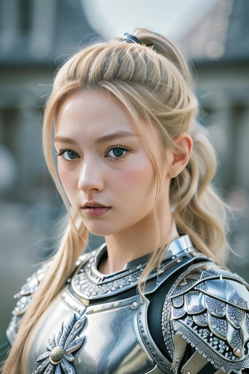 (8K, highest quality:1.2), (table top:1.37), (photograph, photographrealistic:1.37), (Super high resolution), face focus, Photographed from the front, close, Slow motion, female paladin wearing full body, (Light silver armor:1.2),(Ornately decorated armor), (Extremely detailed, bloom:1.5), (highest quality, Alessandro Casagrande, greg latkowski, Sally Mann, concept art, 4K), (analog:1.2), (High sharpness), (detailed pupil:1.1), detailed face and eyes, table top, highest quality, (非常に詳細なphotograph:1.1), (long blonde hair, blue eyes, ponytail, crazy:1.1), (young woman:1.1), sharp, (perfect body:1.1), realistic, real shadow, 。.3D, (temple background:1.2), (by Michelangelo), photographを撮られた:Canaan EOS R6, 135mm, 1/1250s, f/2.8, ISO400