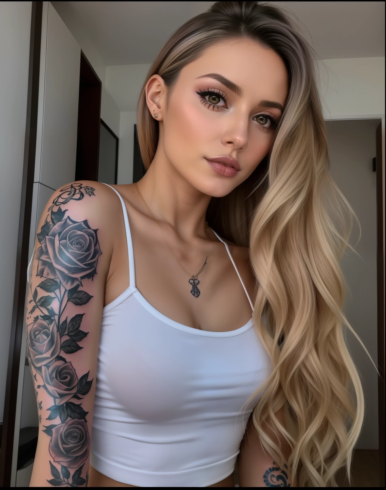 um close up de uma mulher com cabelos longos e desarrumados, messy hair and a tattoo on his arm, morena com cabelos tingidos de loiro, com tatuagens, tatuado, tattoo sleeve on her right arm, Anna Nikonova aka Newmilky, tatuado, Angelina Stroganova, Marischa Becker, Garota sexy, Angie Glock, modelo do instagram, Kaitlyn Michelle Siragusa, Alana Fletcher