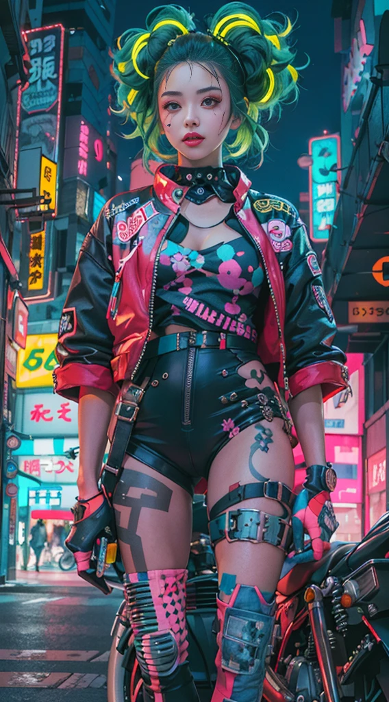 masterpiece, best quality, Confident Cyberpunk Girl, full body shot, ((Standing in front of a motorcycle)), Harajuku-inspired pop outfits, Bold colors and patterns, eye-catching accessories, Trendy and innovative hairstyles, vibrant makeup, Cyberpunk dazzling cityscape, skyscrappers, Neon sign, LED lights, Bright and vivid color composition, japanese cartoon movies, illustration, Detailed skin texture, Detailed fabric texture, Beautiful detailed face, intricate details, ultra detail.