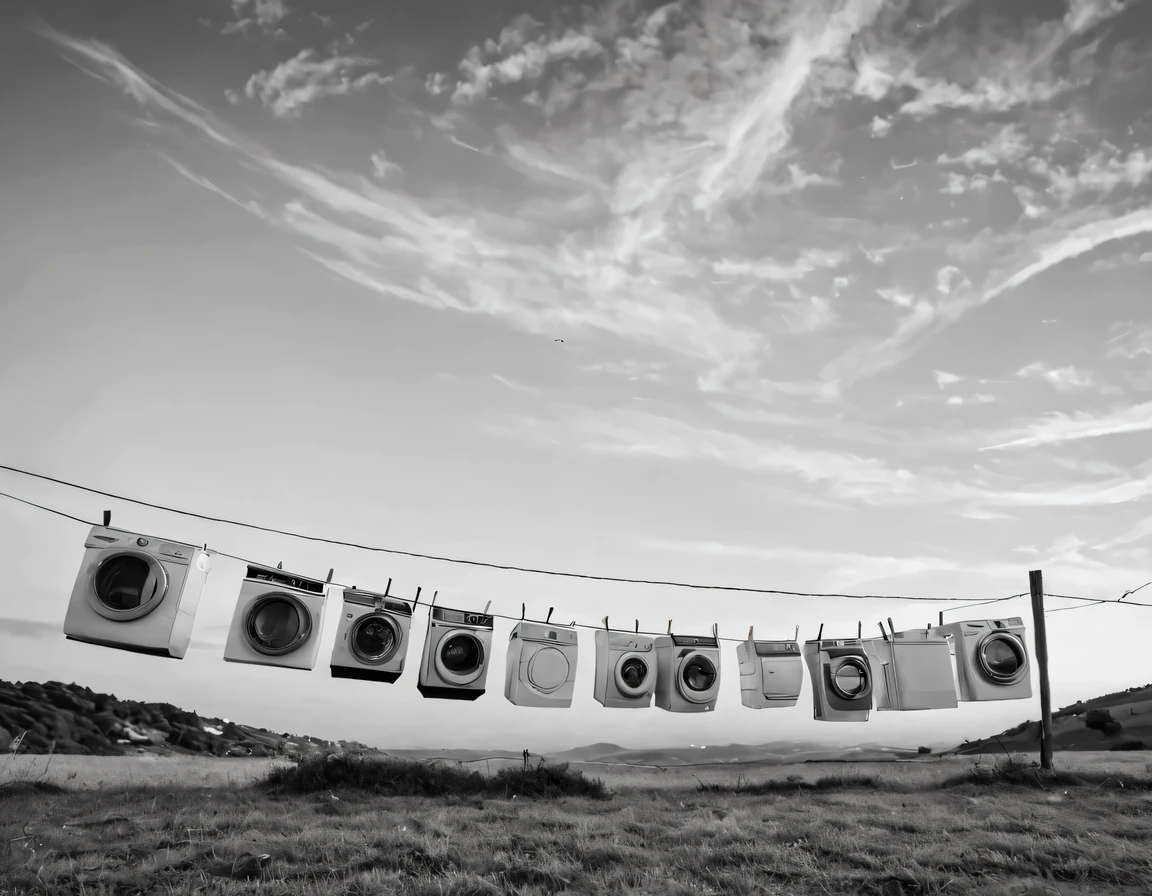 Realistic artistic photography in black and white style., washing machines lined up in a thin wedge and flying across the sky to warmer climes, Canon EOS 6D Mark II Canon RF 70-200mm F2.8L IS USM, winner of the World Photography Competition, photo published on 35AWARDS