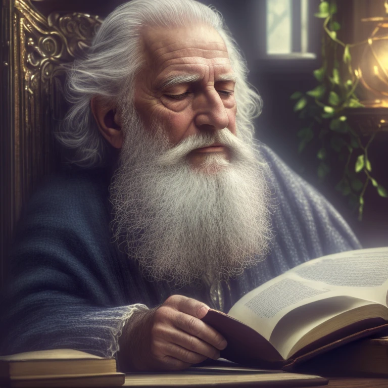 (best quality,highres,ultra-detailed,photorealistic:1.37),realistic lighting,soft colors,medium:oil painting,portrait,detailed chair,dreamy atmosphere,peaceful,Mago Merlin,sleeping deeply,detailed beard,detailed hands,fine wrinkles,peaceful expression,magic book,crystal ball,mystical background,vibrant colors,calmness