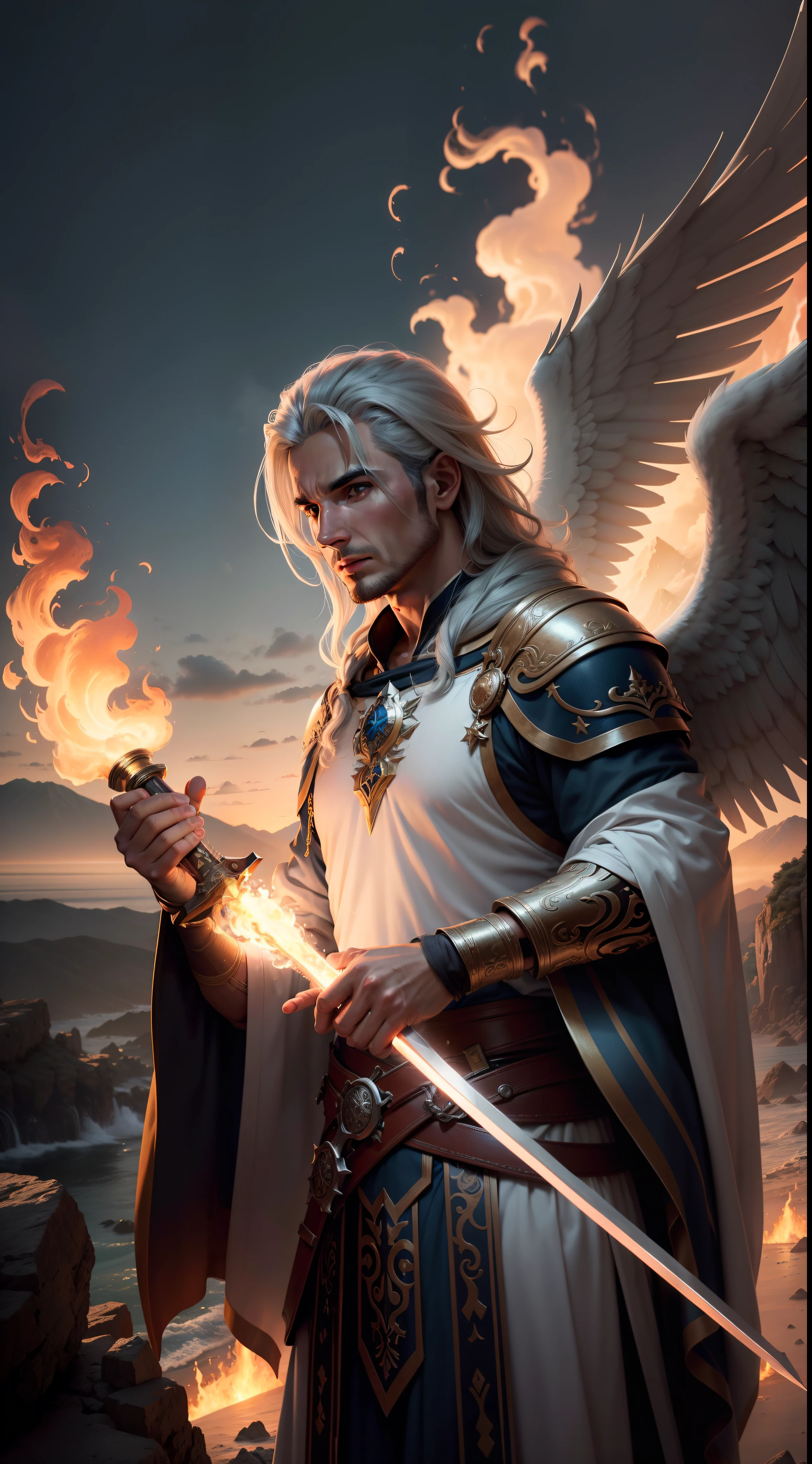 imagem ultra realista , anjo guerreiro, 30 anos, voando baixo , pouca roupa, Semblante angelical , rosto bonito, Asas douradas, corpo atletico, olhos azuis penetrantes, cabelos loiros, cabelos compridos, Fire sword in hand, mountainous region, nuvens escuras , lugar de rochedos, octane rendering, UHD 16k, Detalhes altos, Super Detalhe, melhor qualidade, movie set