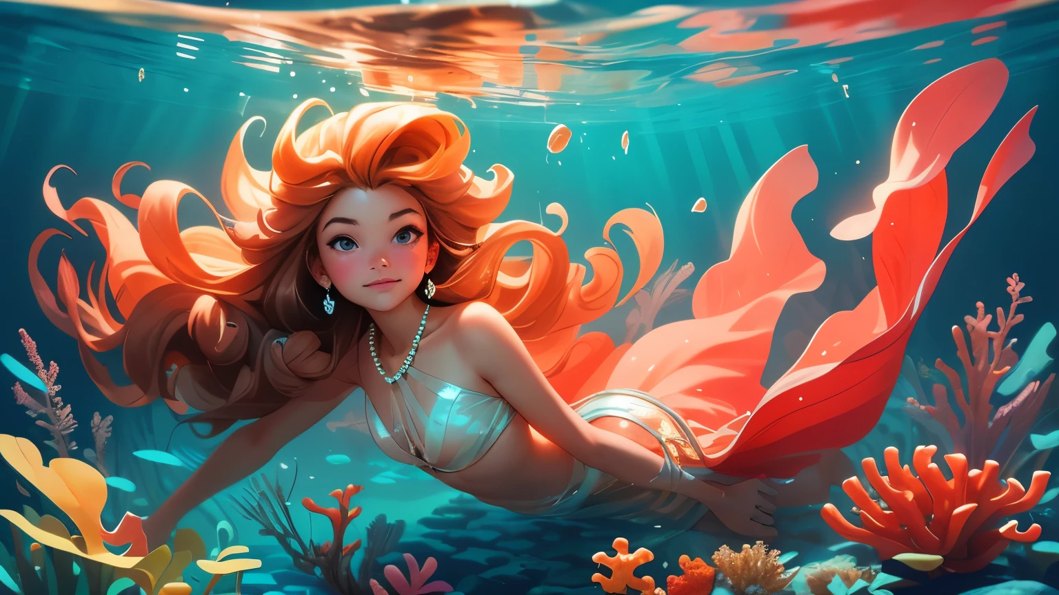 The girl is a diver for shells and pearls. Exotic, warm coral atoll. In an underwater scene, a very beautiful island girl collects shells in the coral reefs underwater. Bluewater, reflections of light from above penetrate through the water, air bubbles, and exotic - tropical underwater landscape. A girl - a diver in a realistic style, flexible - and graceful, with dark skin, and dark long hair developing in the water, dives headfirst for shells on the sandy bottom. Very positive exotic underwater scene - nude islander girl diver. She dives underwater, her hair is developing, there is a necklace on her neck, and there is a bag on a rope for treasure on her bare hips. Realistic visualization, in blue tones, light reflexes, coral atolls in the background (fish, crabs, malus, a variety of underwater tropical animals). High-detail textures, light reflections on the diver’s body, light refraction, and caustics. 8K, FUL HD, cinematic rendering, feature film., brown hair, quad drills, hair over shoulder, very long hair, hair spread out, hair beads, light smile, holding breath, Surrealism, Futurism, Romanticism, chiaroscuro, ray tracing, reflection light, backlighting, halftone, rounded corners, partially underwater shot, from below, wide shot, atmospheric perspective, high quality, highres, textured skin, anatomically correct, masterpiece, ccurate
