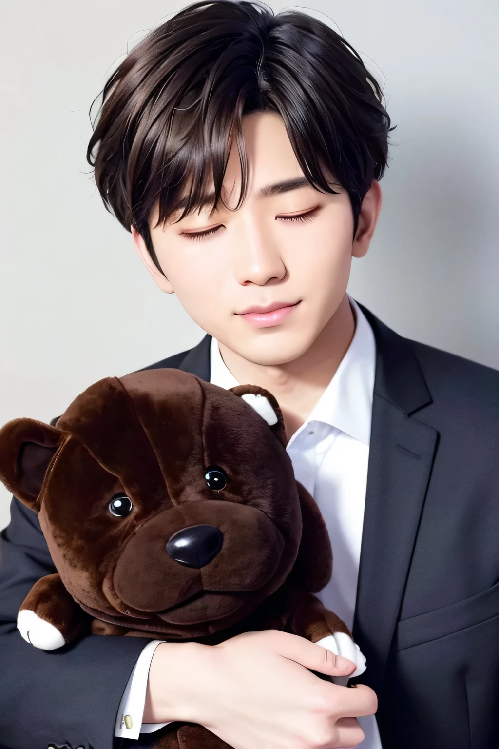1 person、high quality,masterpiece,8K, head shot, ((close your eyes))、stuffed toy、white shirt
