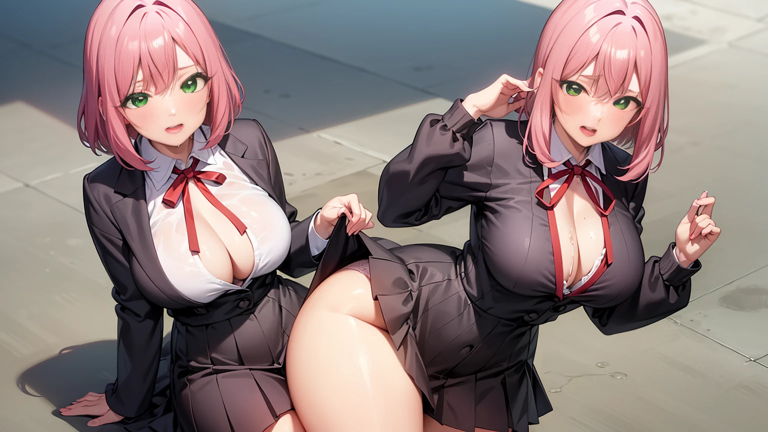 eaArt bot upscaling default is 22:25:26k wallpaper, masterpiece, highest quality, Super detailed, 30~40 years, full body shot, mature woman, beautiful mature woman, nightgown and underwear, enchanting smile, thick lips, Chubby lips, blush, looking at the viewer, provocative expression, short hairstyle, cleavage, Plump、curvy hips、attractive face、naughty face、sexy lingerie 、an inviting gaze、Expression of emotions、(((Lewd underwear)))、erotic see-through lingerie set、Standing position、gorgeous accessories、raise your butt, from below, (NSFW: 1.4)、exposed chest、(((gasping face)))、Openwork decoration,(((see through dress)))、(((R-18)))、Hakari_Whirlpool, pink hair, medium hair, hair ornaments, hair flower, green eyes, school uniform, black skirt, mini skirt, pleated skirt, black jacket, white shirt,collared shirt, long sleeve, neck ribbon,ribbon, thighs, big breasts, Are standing, cowboy shot, looking at the viewer, outdoor, blush, 1 girl, (masterpiece:1.3), (High resolution), (8K), (very detailed), (4K), (pixiv), perfect face, Nice eyes and face, (highest quality), (Super detailed), detailed face and eyes, (alone), rough skin, confused, High resolution、beautiful eyes
